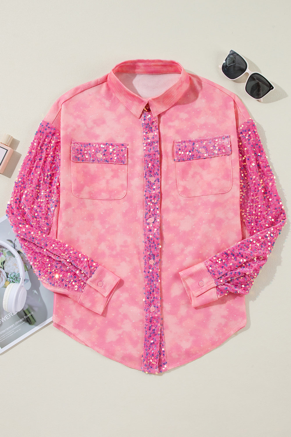 Apricot Pink Mineral Wash Sequin Patchwork Flap Pocket Shacket eAura