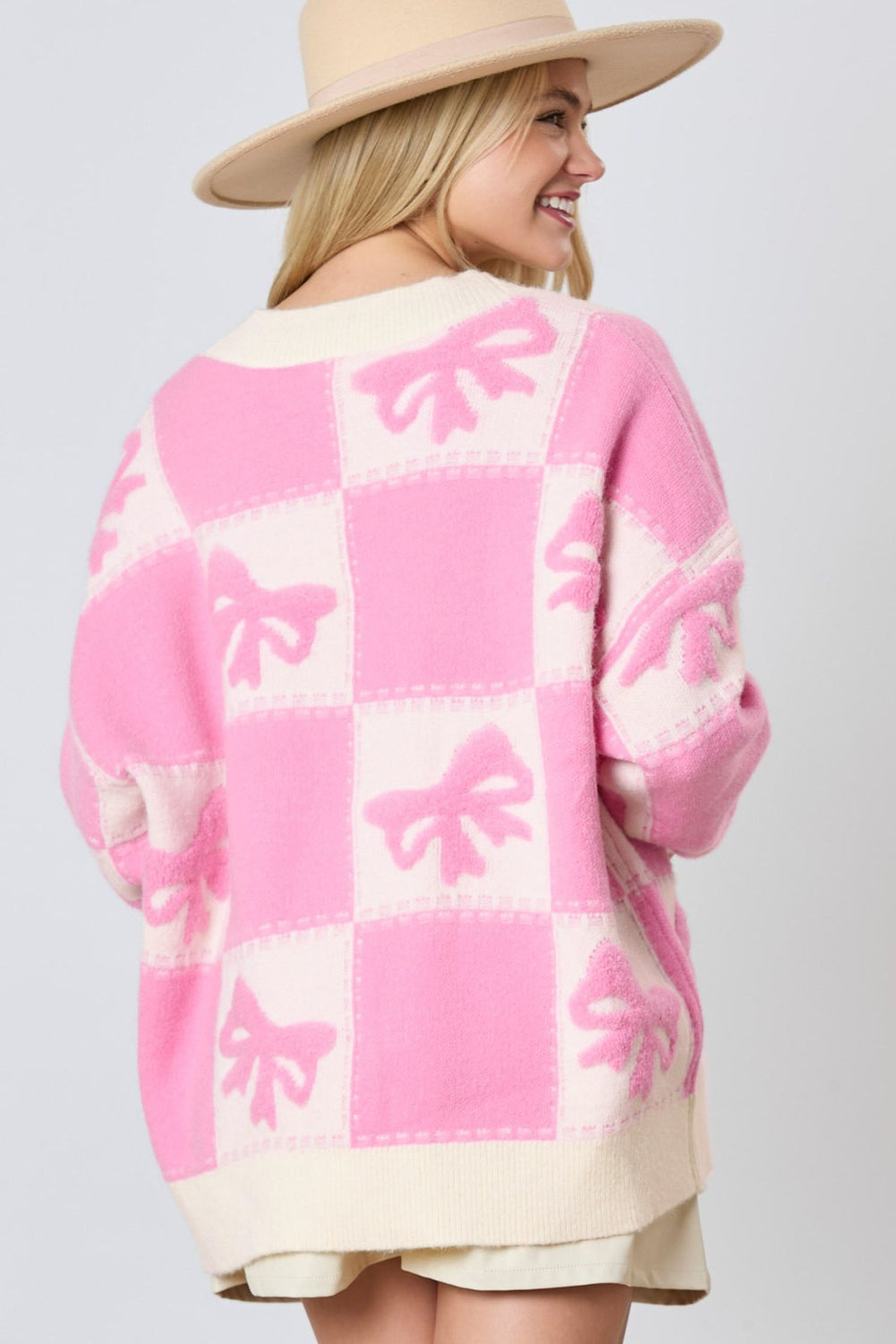 Pink Bowknot Checkered Pattern V Neck Drop Shoulder Button Up Cardigan Beagle Boutique Fashion Outlet