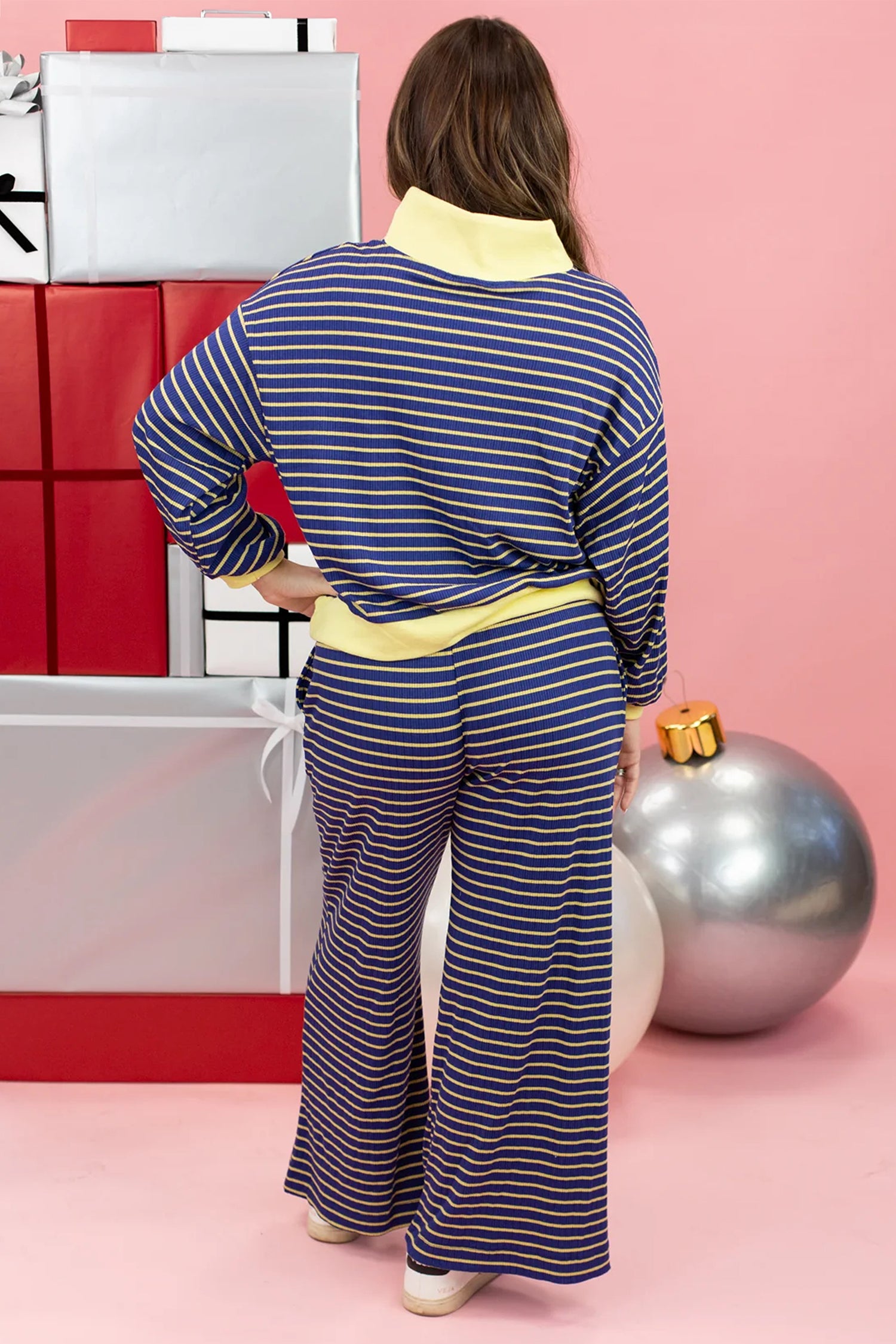Color Block Patchwork Zip V Neck Pullover Loose Pants 2pcs Set – Blue Stripe