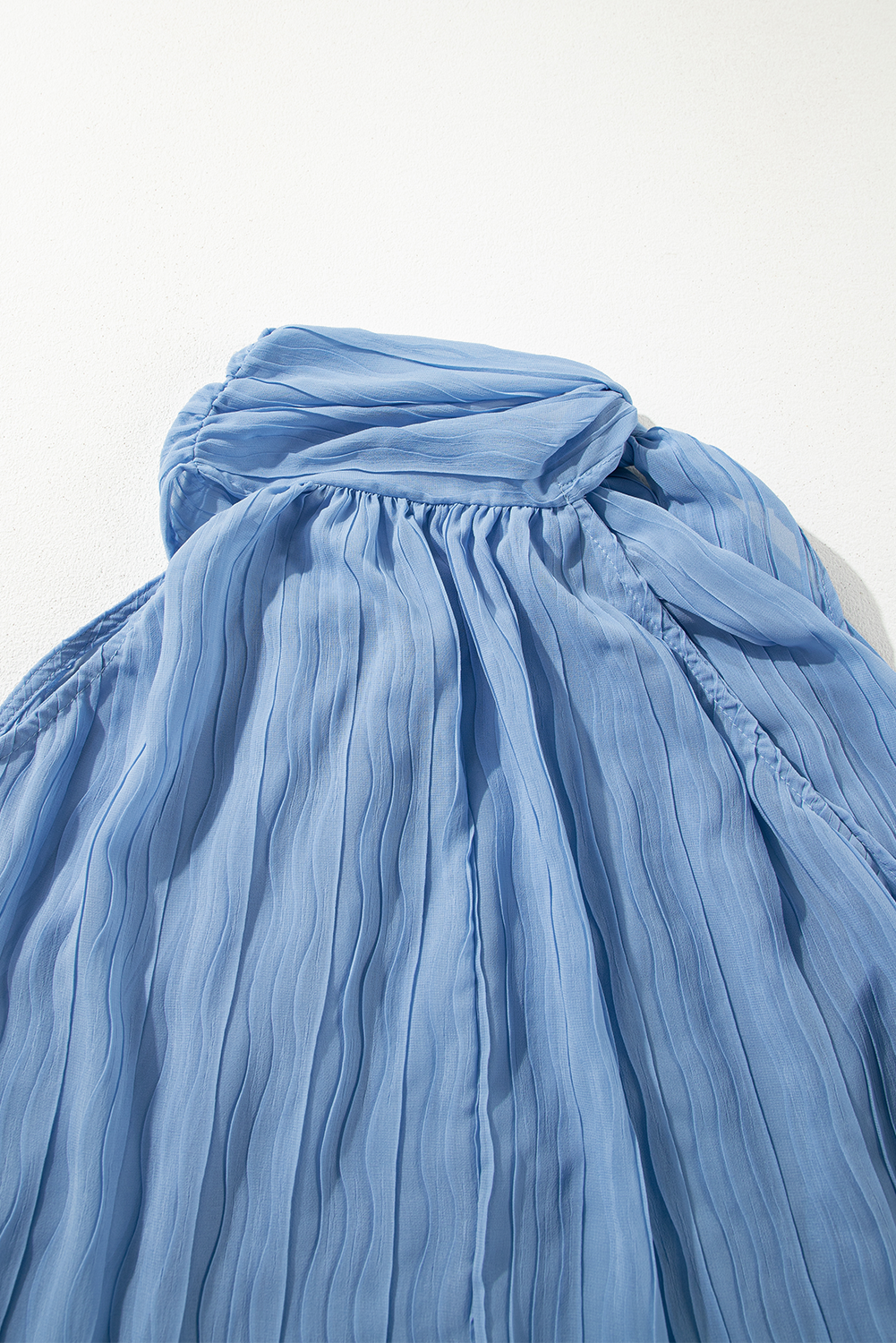 Myosotis Textured Pleated Tied Mock Neck Flowy Sleeveless Top eAura