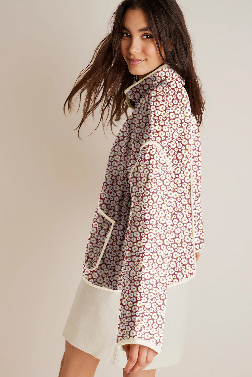 Pink Floral Print Contrast Edge Stand Neck Coat eAura