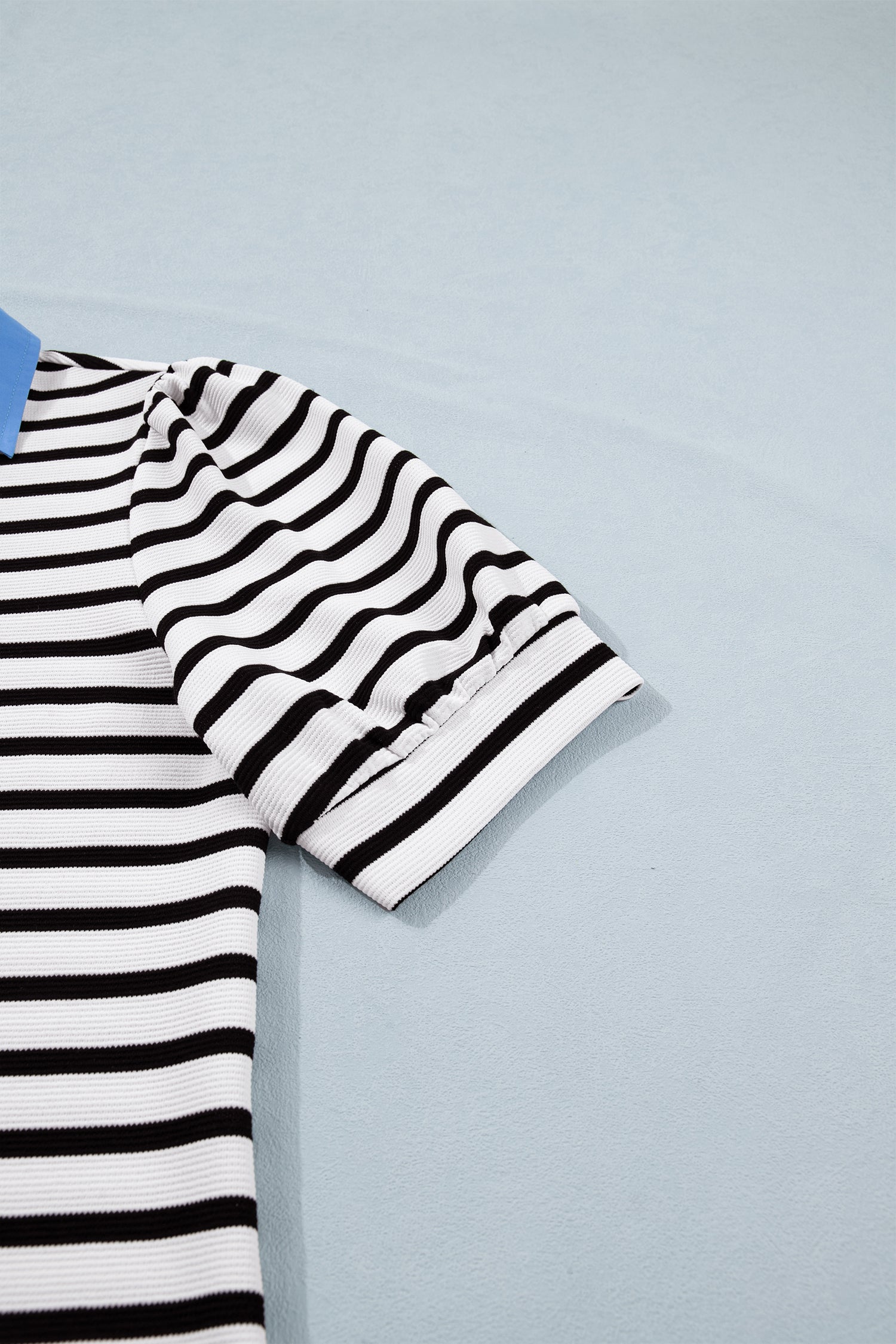 Short Puff Sleeve Color Block Polo Collar Blouse – Pink Stripe