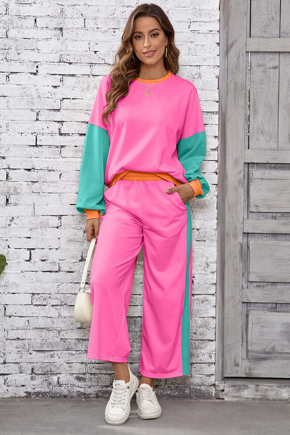 Chestnut 2pcs Color Block Pullover Loose Pant Set Dear-Lover Dropshipping