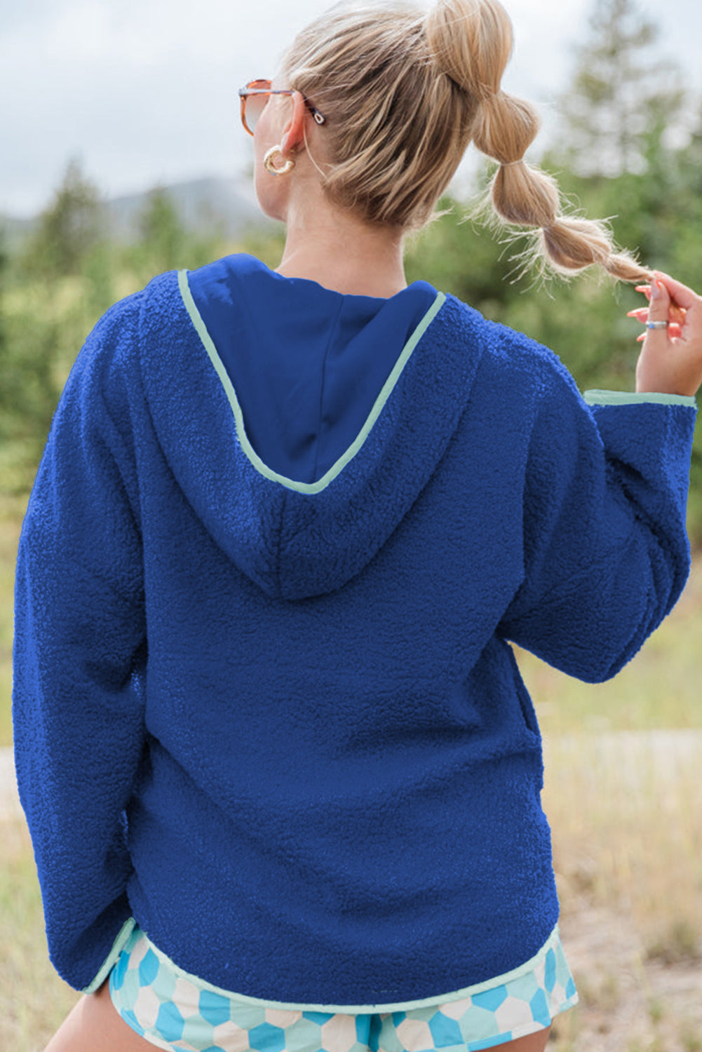 Blue Sherpa Half Zip Contrast Trim Pullover Hoodie Dear-Lover Dropshipping