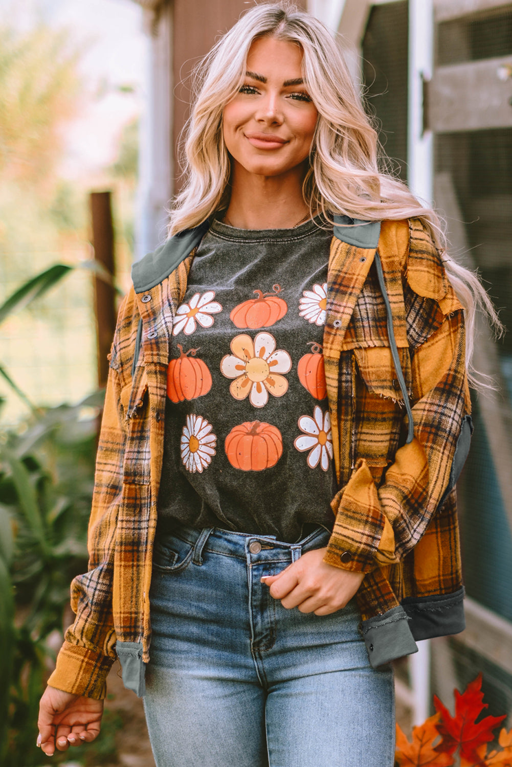 Orange Plaid Patch Hooded Frayed Snap Button Jacket eAura
