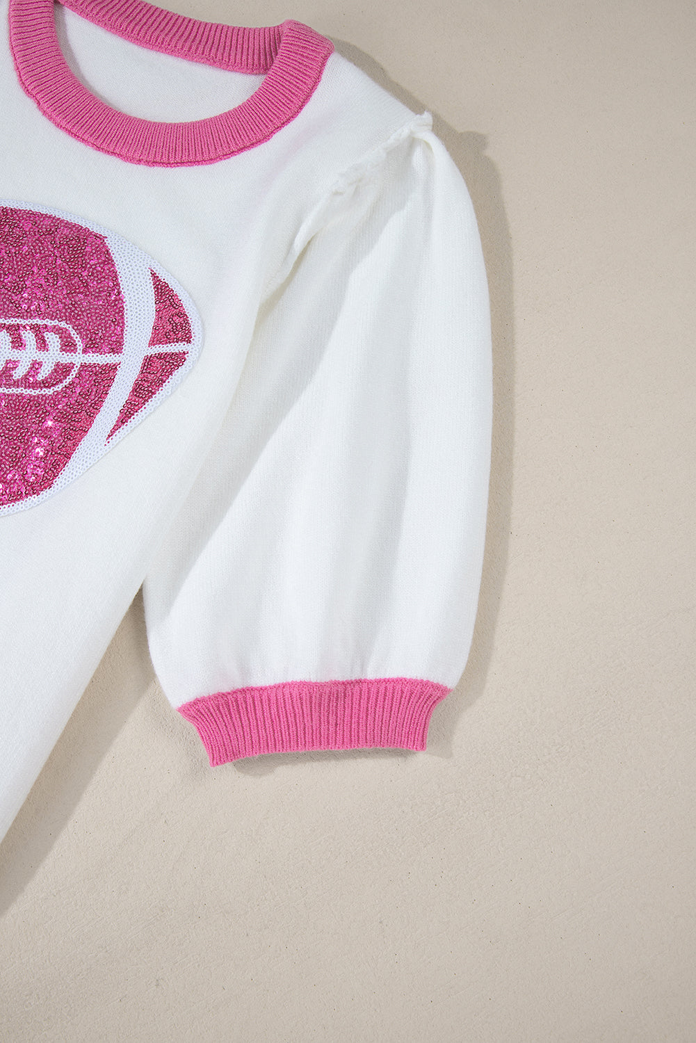 Red Sequin Rugby Colour Block Puff Short Sleeve Sweater eAura