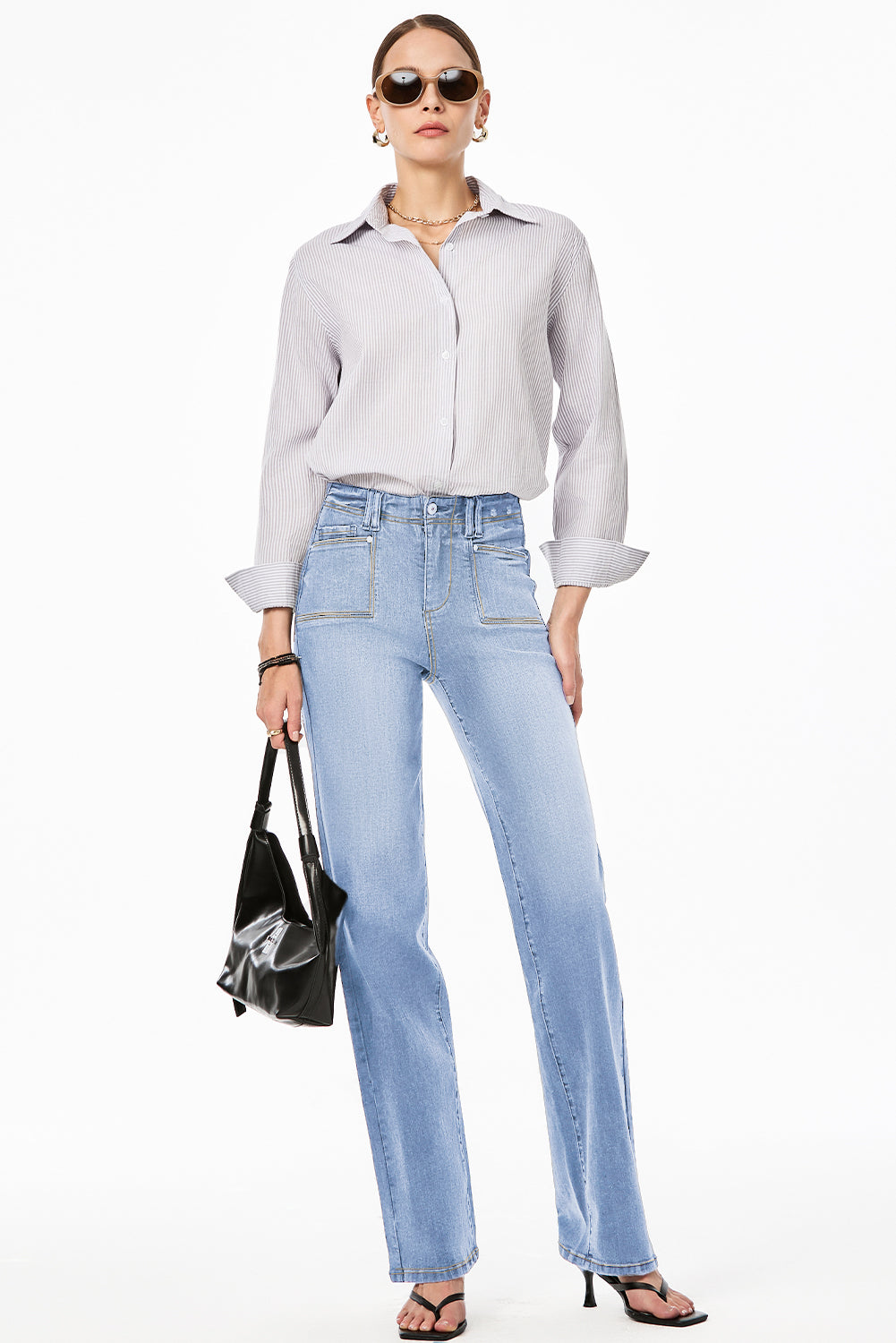 Blue Loose Straight Leg High Waist Jeans