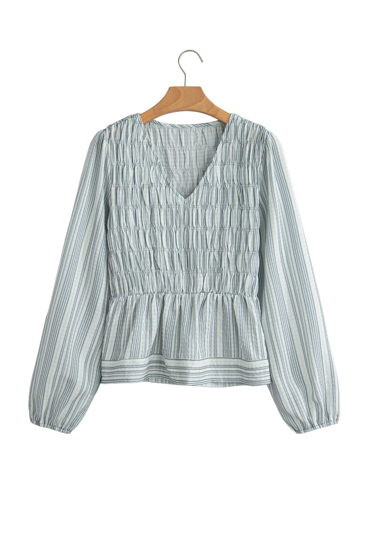 V Neck Shirred Long Sleeve Blouse – Blue Stripe