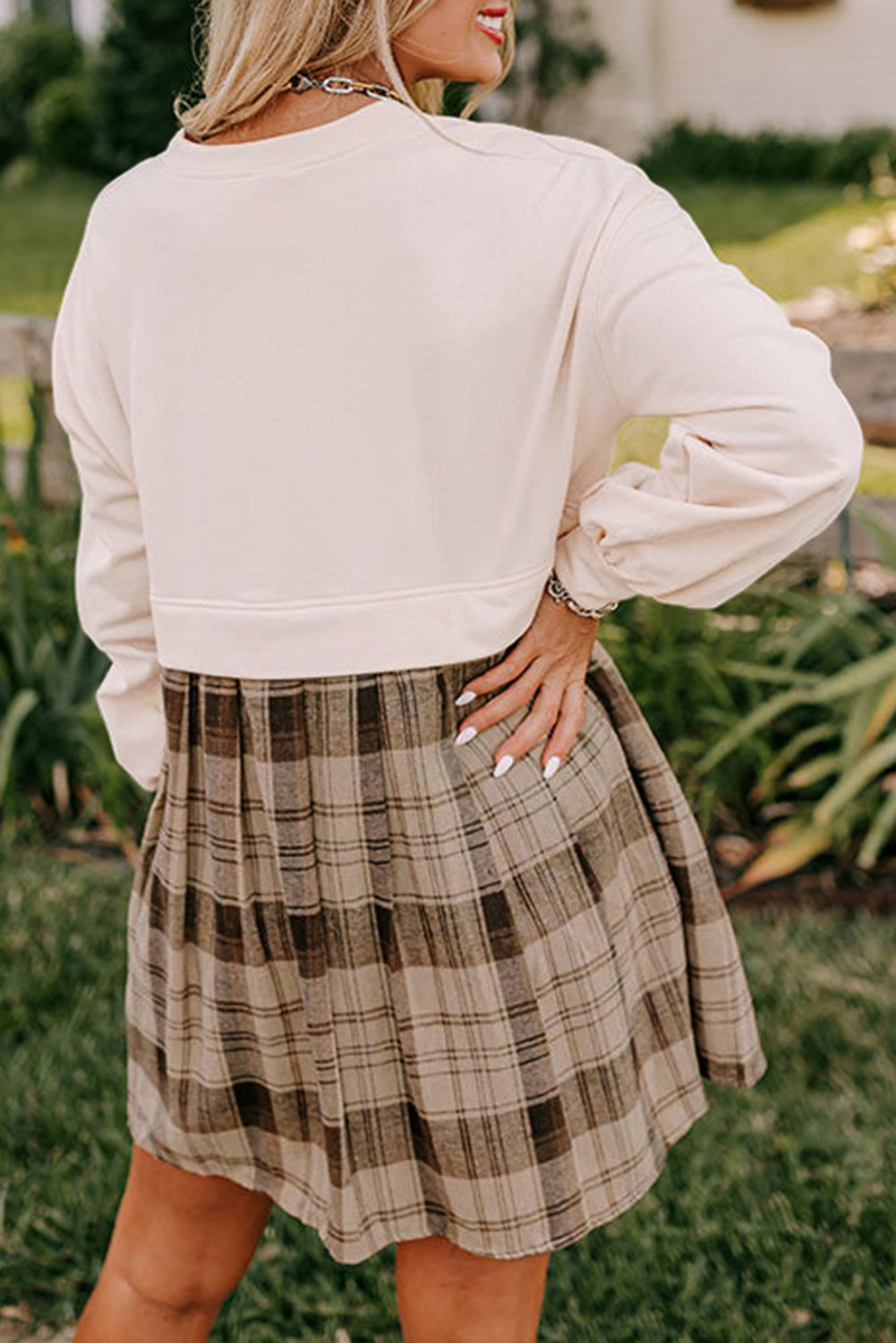 Beige Plaid Patchwork High Waist Sweatshirt Mini Dress eAura