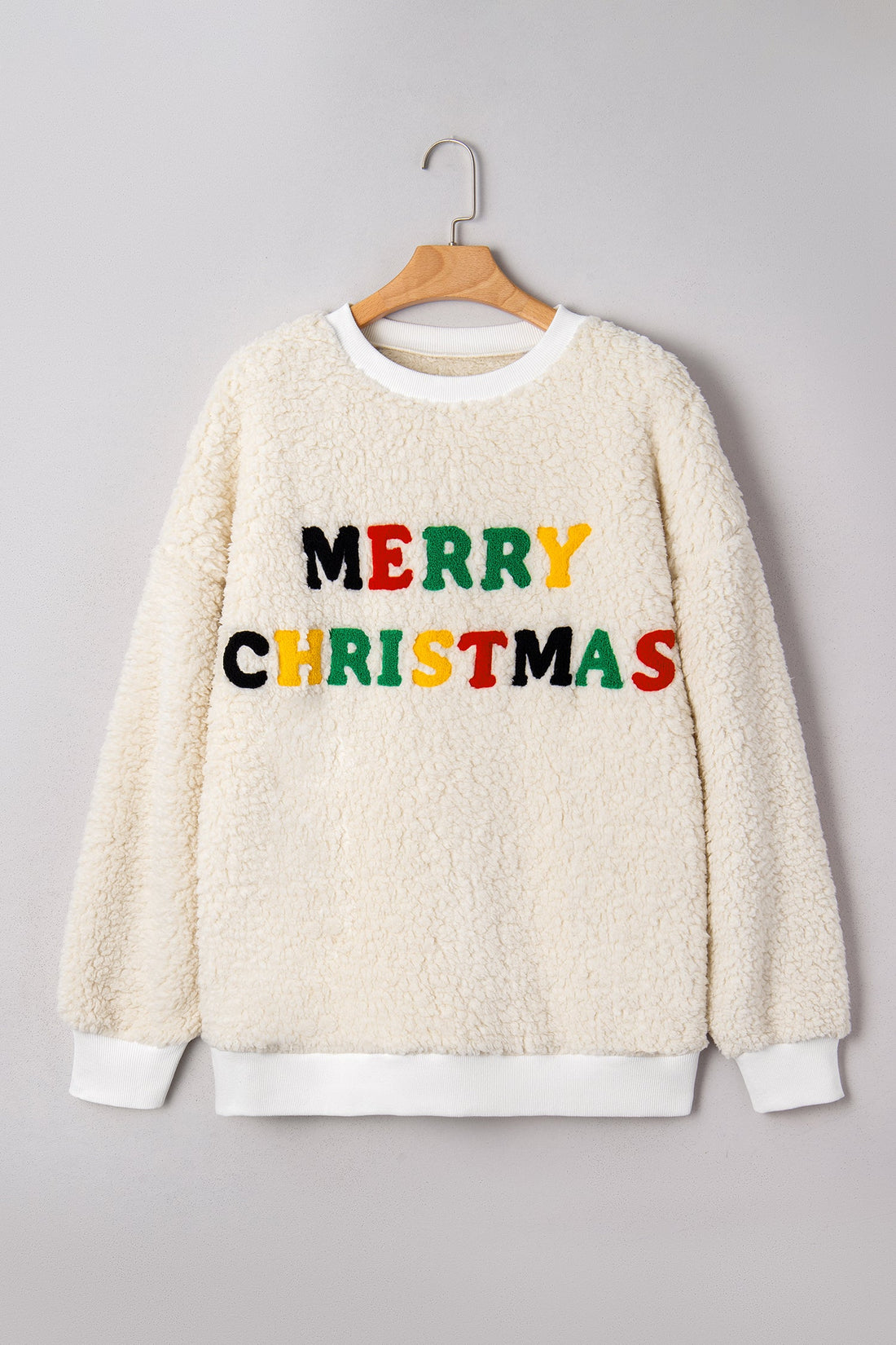 MERRY CHRISTMAS Multicoloured Embroidered Sherpa Pullover Sweatshirt - eAura