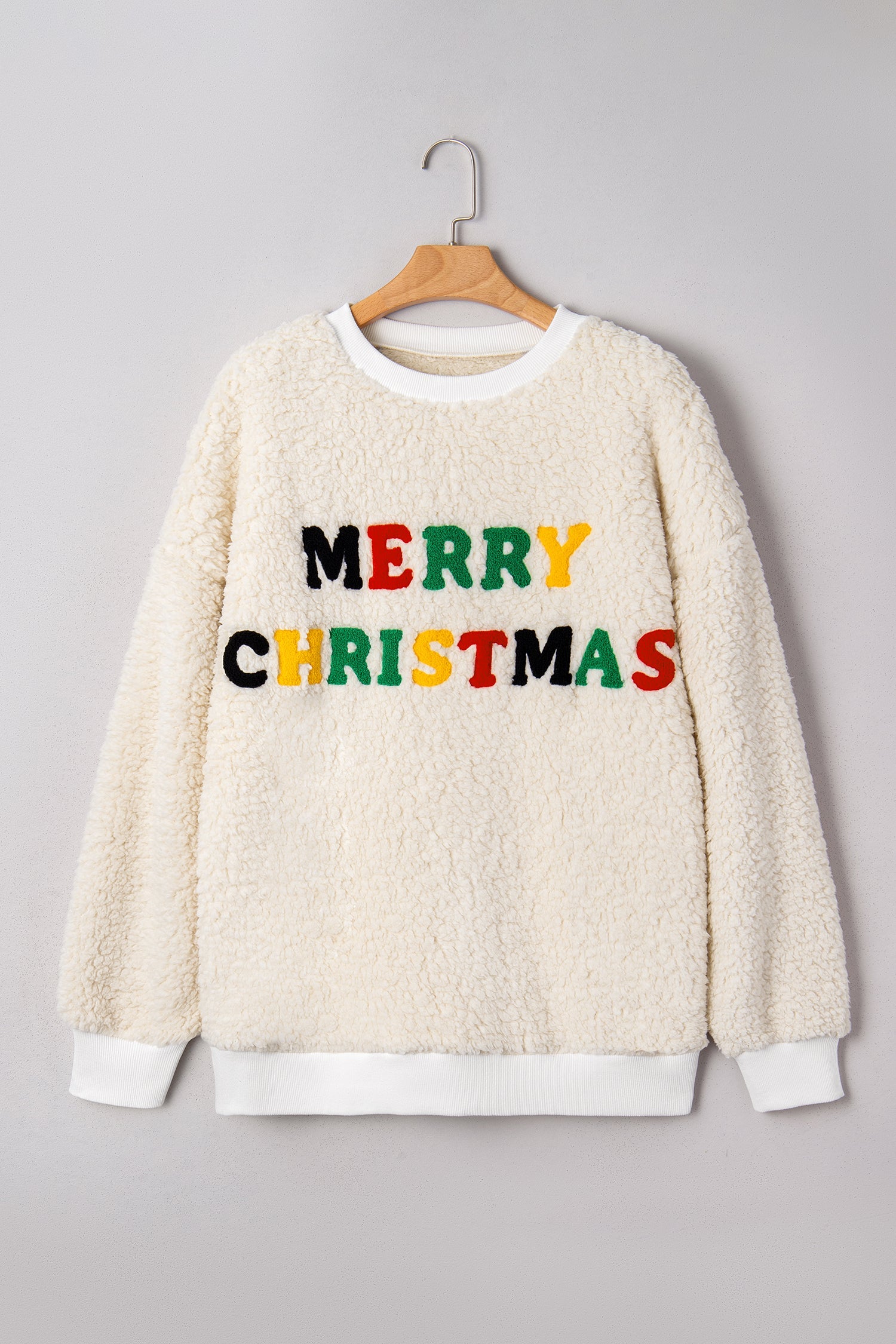 MERRY CHRISTMAS Multicoloured Embroidered Sherpa Pullover Sweatshirt - eAura