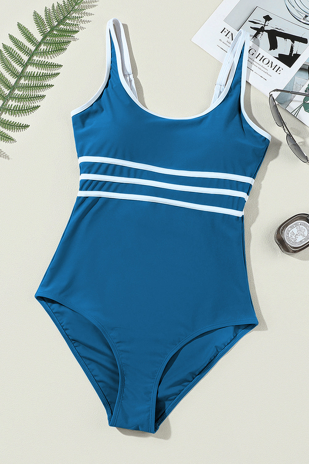 Blue Contrast Trim U Neck One Piece Swimwear eAura