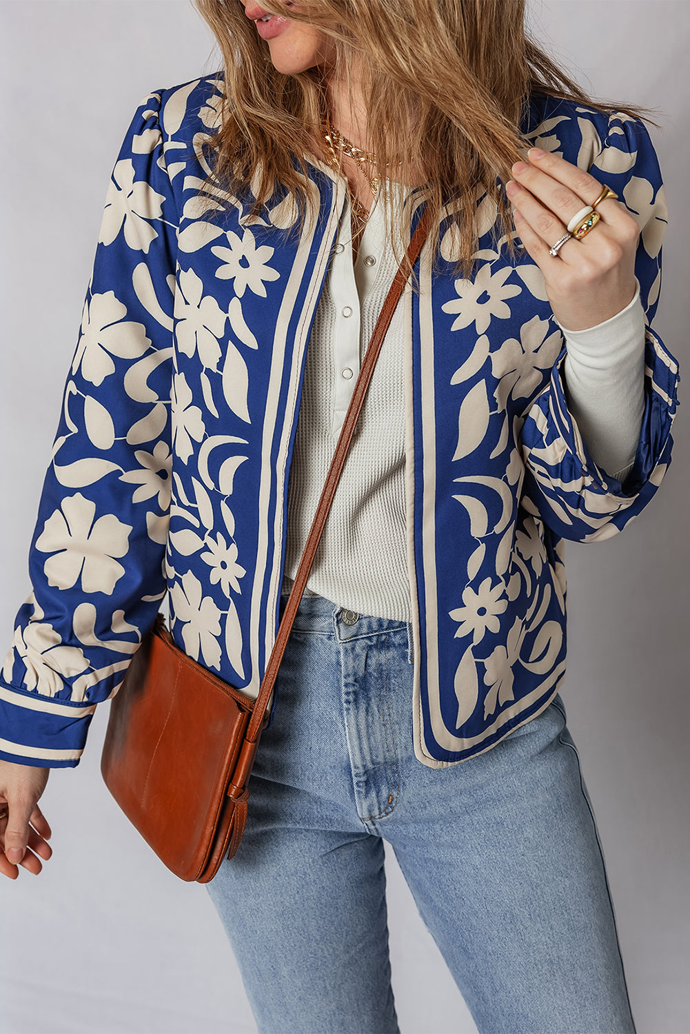 Blue Flower Print Open Front Buttoned Cuffs Elegant Jacket Dear-Lover Dropshipping