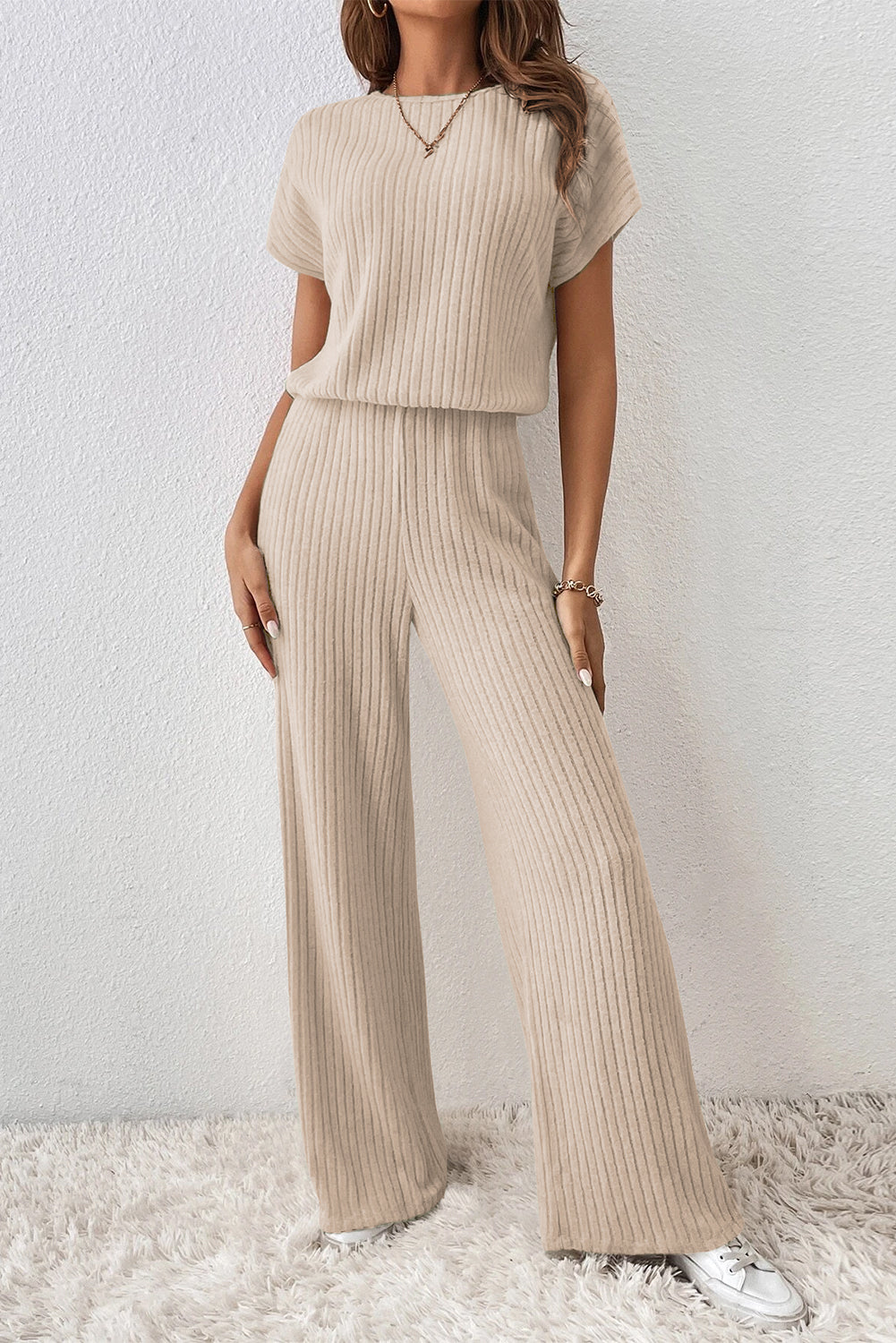 Black Solid Colour Ribbed Short Sleeve Wide Leg Jumpsuit eAura