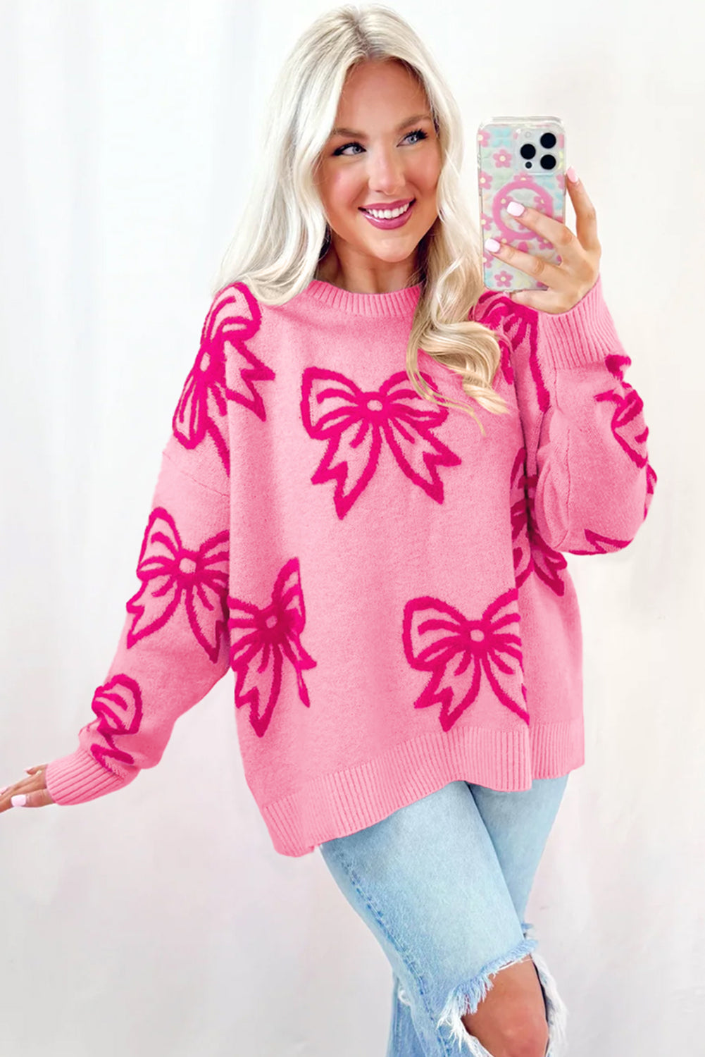 Pink Bow Pattern Drop Shoulder Loose Sweater eAura