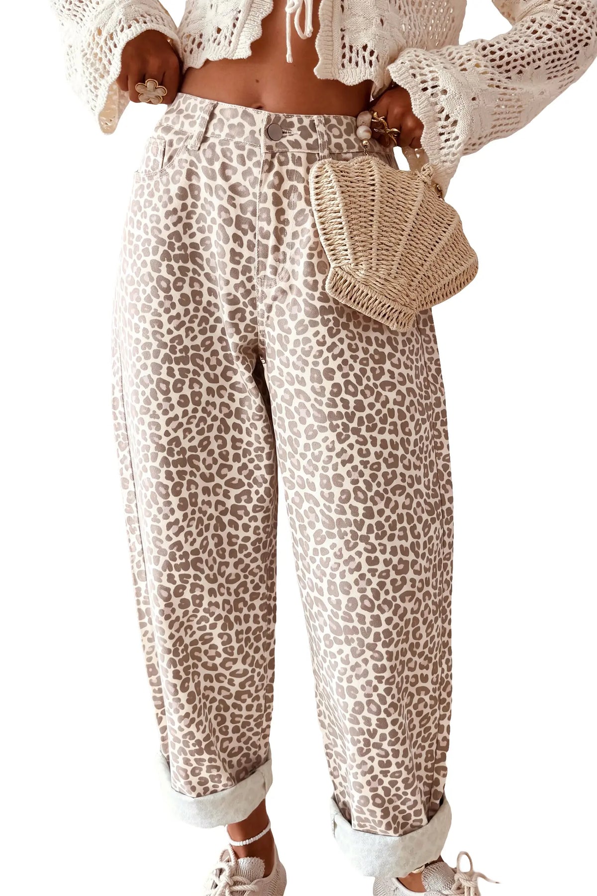 Gray Leopard Print High Rise Relaxed Casual Jeans