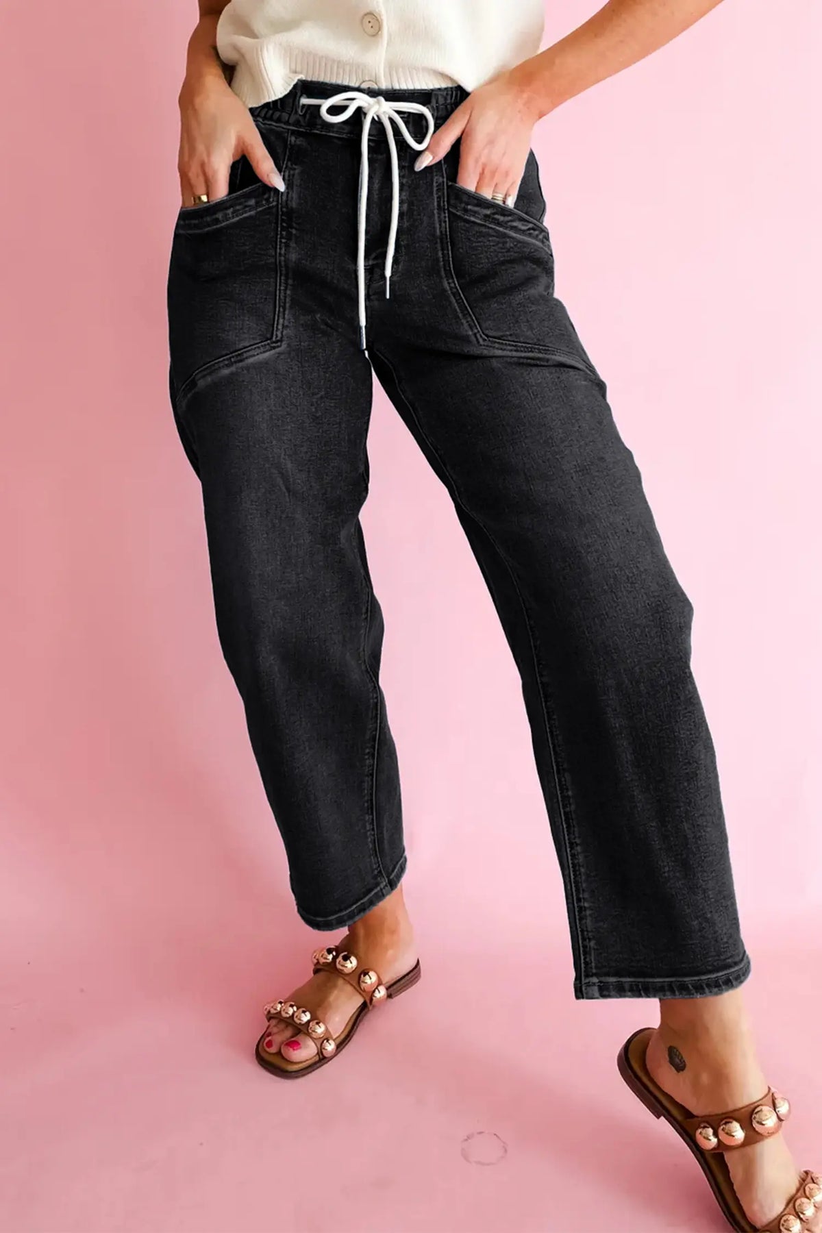 Jeans Drawstring Waist Ankle-Length Regular Fit with Pocket Detail