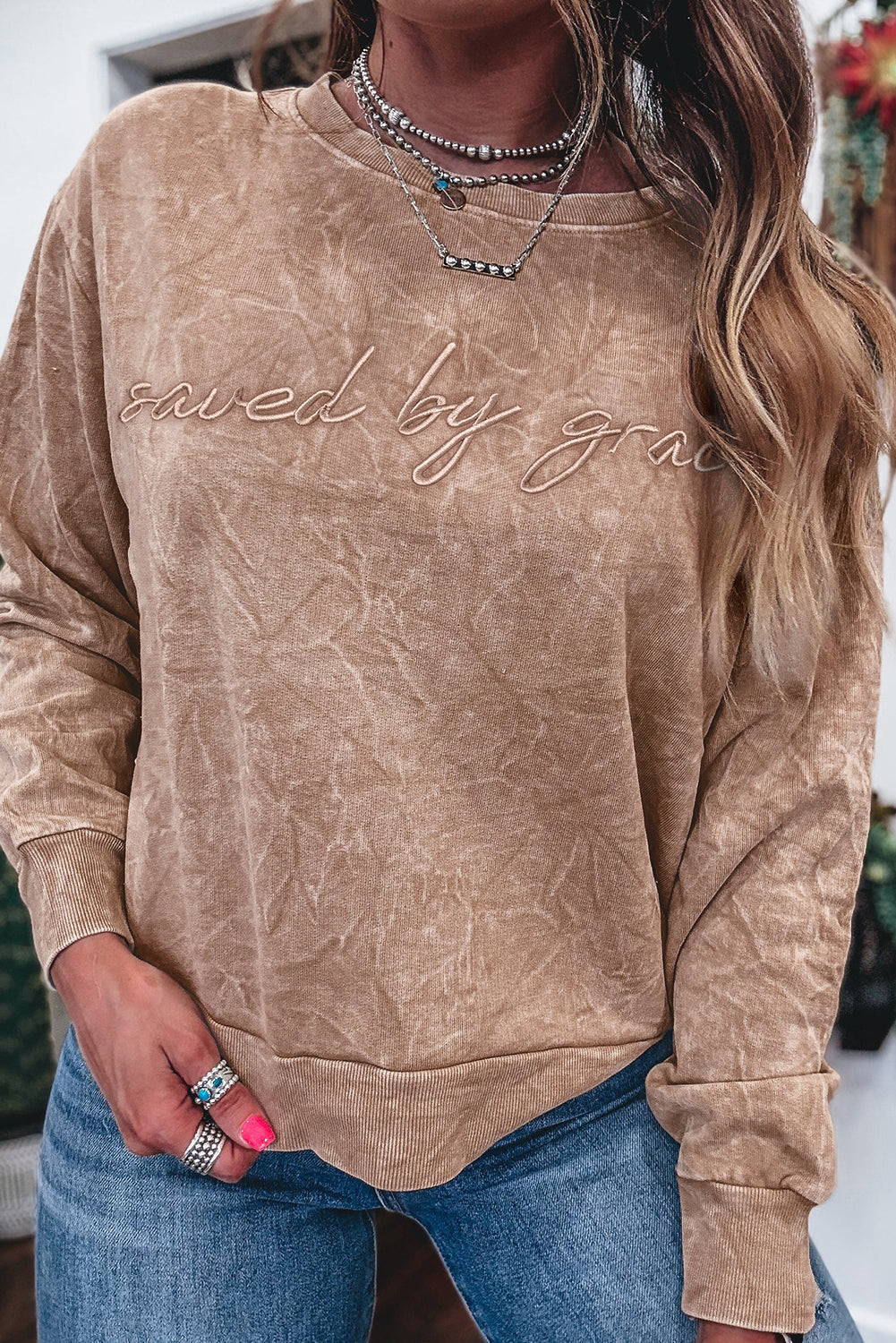 'Saved By Grace' Embroidered Mineral Wash Sweatshirt