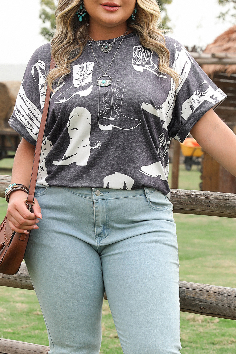 Grey Plus Size Western Boots Print Crew Neck T Shirt BB Fashion Outlet