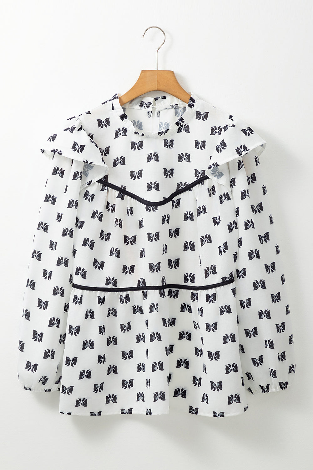 White Bow Knot Print Piping Trim Ruffled Crew Neck Blouse BB Fashion Outlet