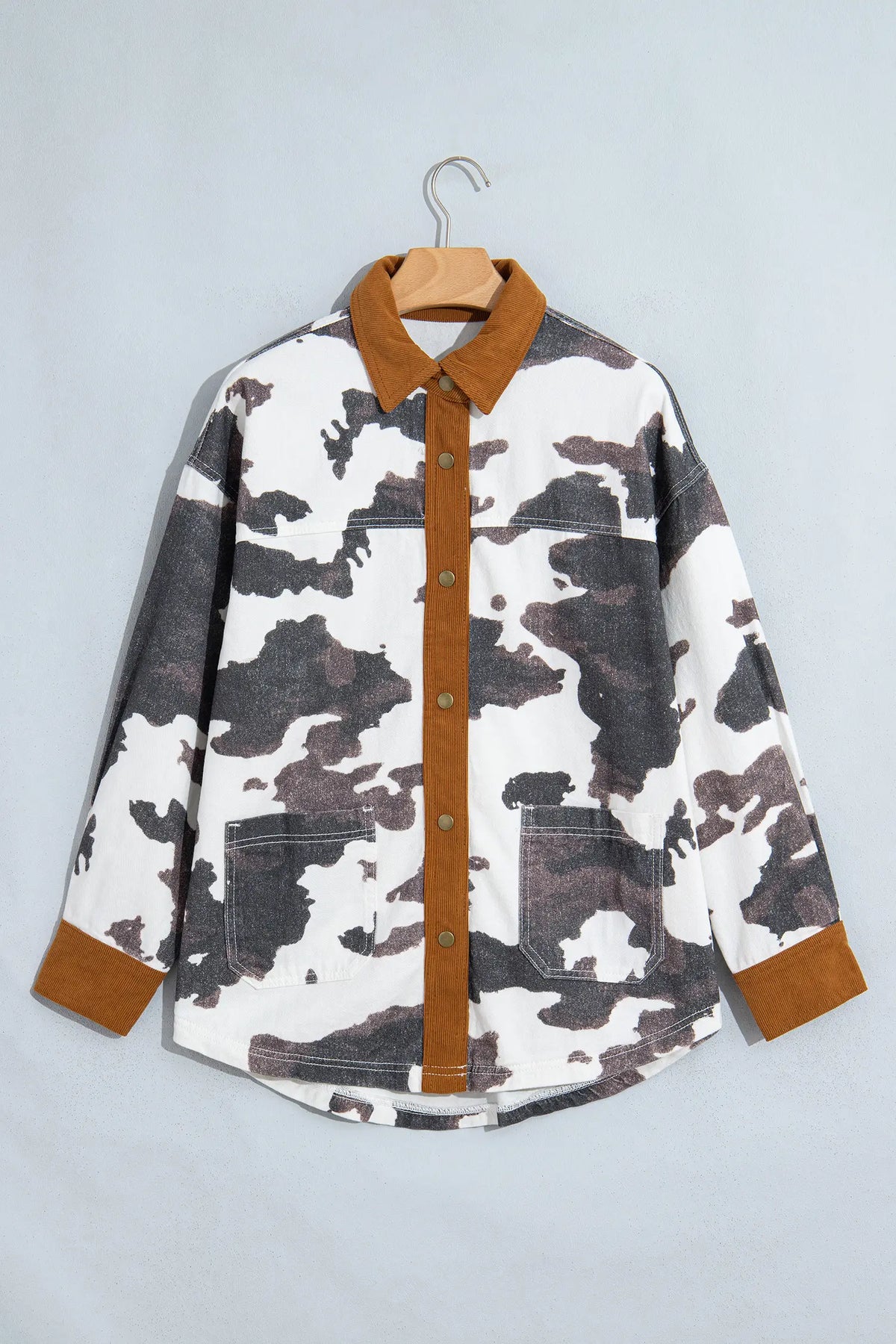 Western Cow Print Long Sleeve Button-Up Denim Jacket – Multicolour