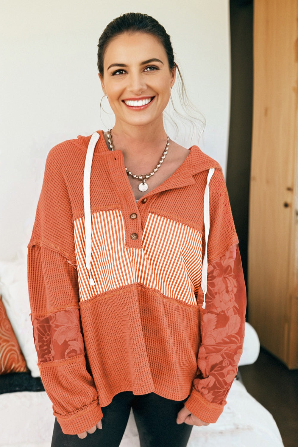 Waffle Patchwork Drawstring Hooded Long Sleeve Top - eAura