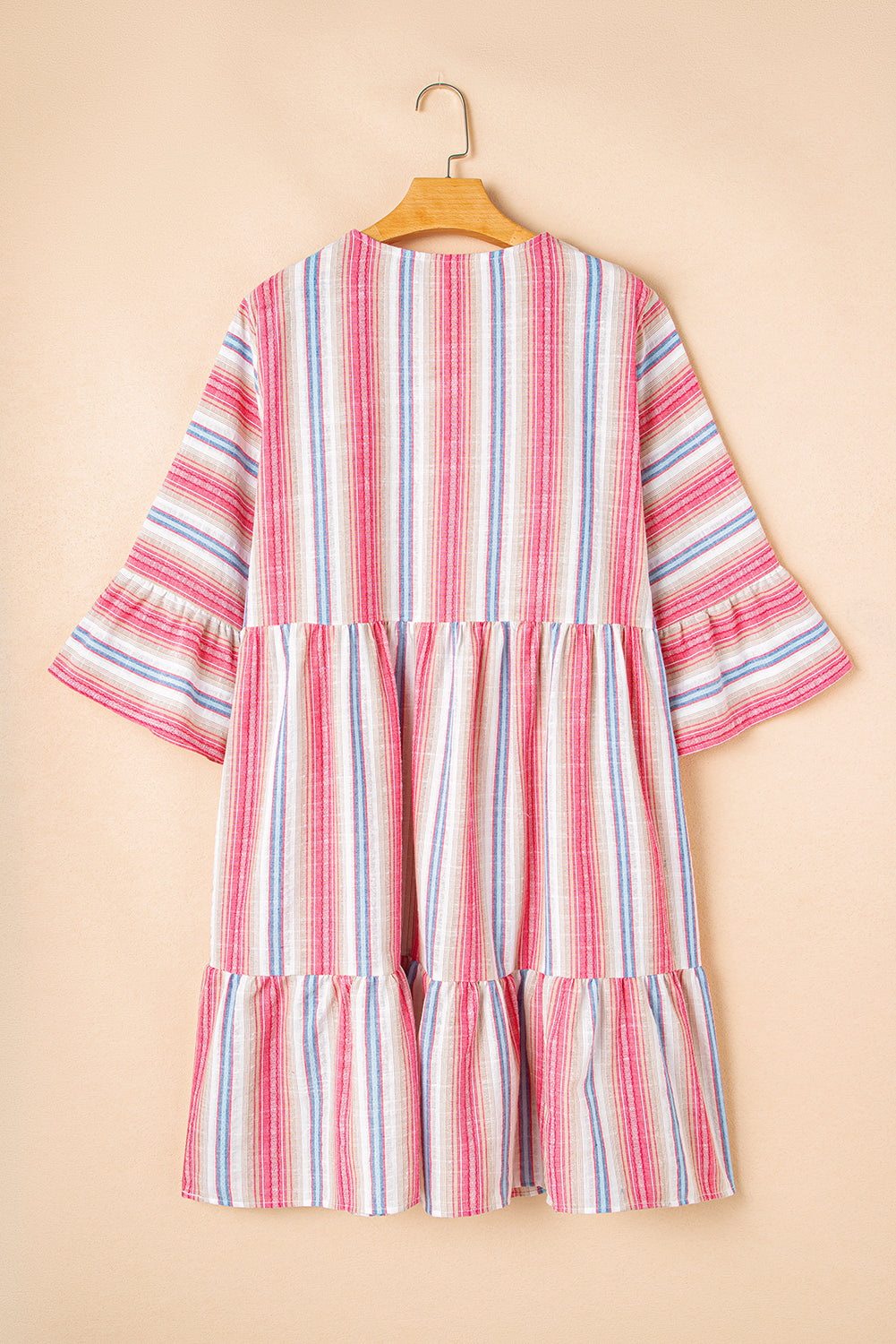 White Stripe Plus Size Embroidered Detail Flared 3/4 Sleeve V Neck Dress BB Fashion Outlet