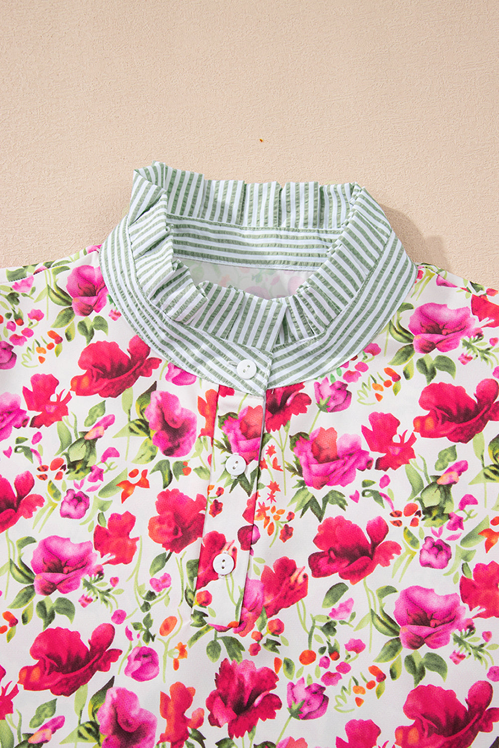 Red Floral Print Striped Patchwork Collared Short Sleeve Blouse eAura