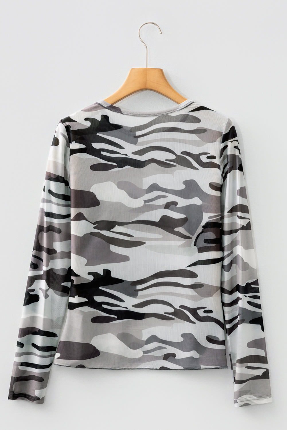 Camouflage Print Mesh Long Sleeve Top - eAura