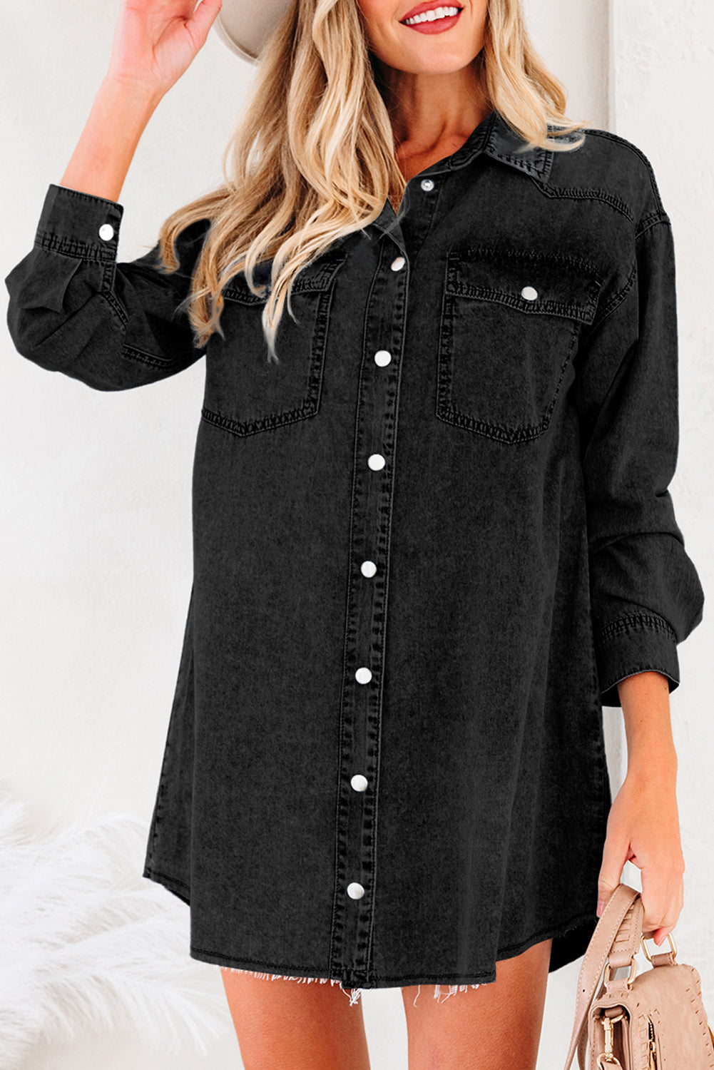 Chest Pocket Raw Hem Denim Baggy Shirt Dress - eAura
