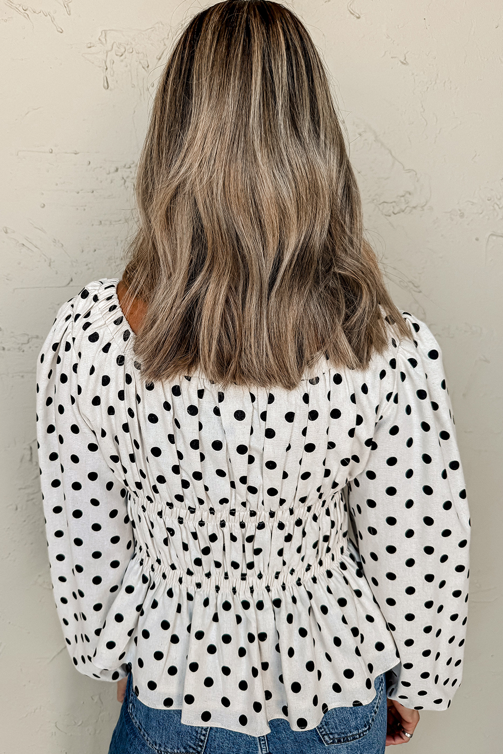 Black Polka Dot Puff Sleeve Bow Square Neck Peplum Top eAura