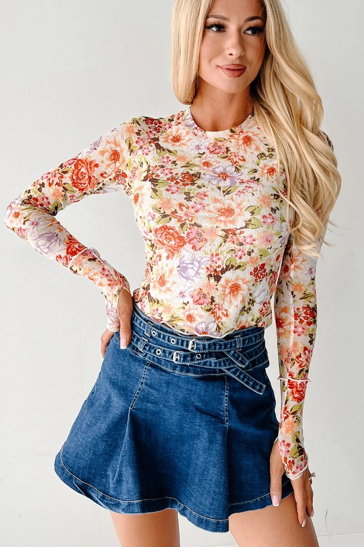 Floral Print Mesh Thumbhole Long Sleeve Slim Top – Multicolour