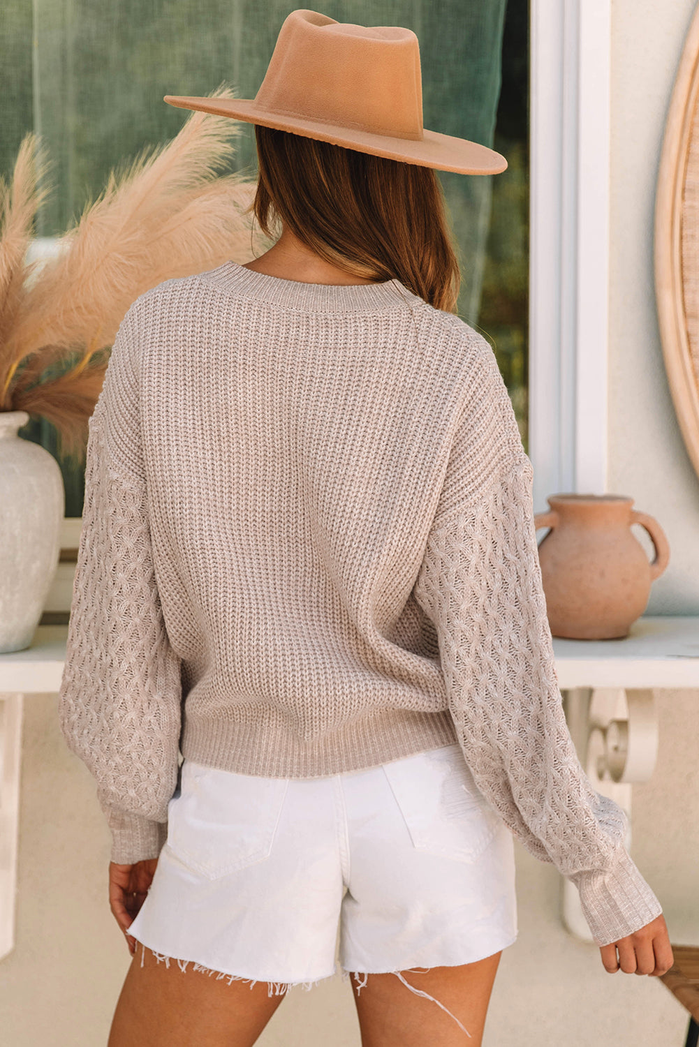 Parchment Cable Knit Sleeve Drop Shoulder Sweater eAura
