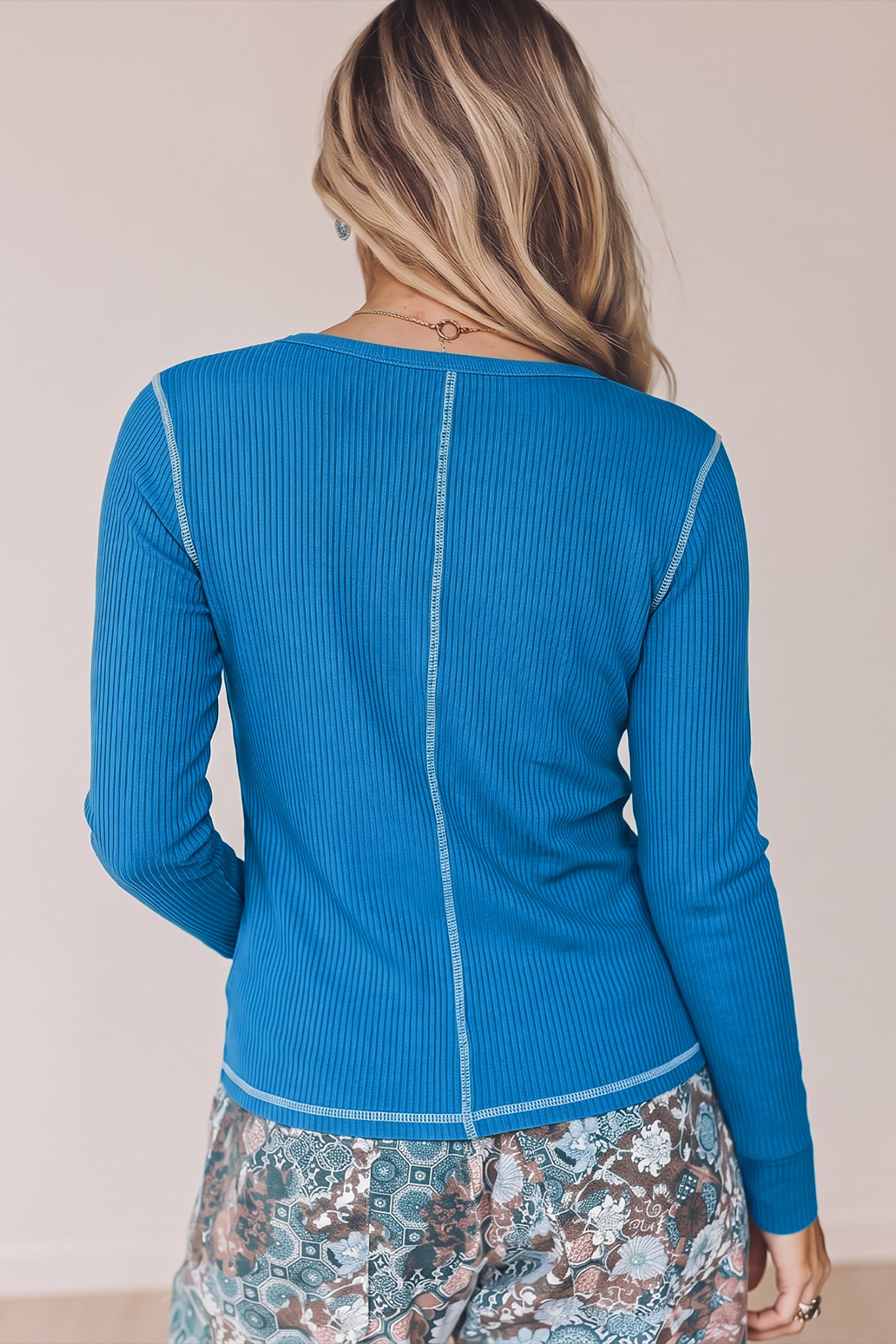 V Neck Ribbed Stitched Detail Long Sleeve Top – Peacock Blue