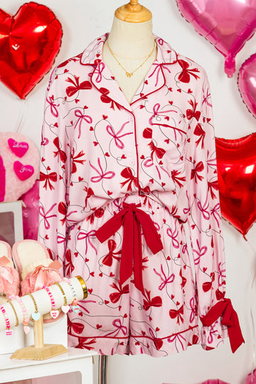 Bow Print Valentine Long Sleeve Shirt Shorts 2 Pcs Pajama Set – Red