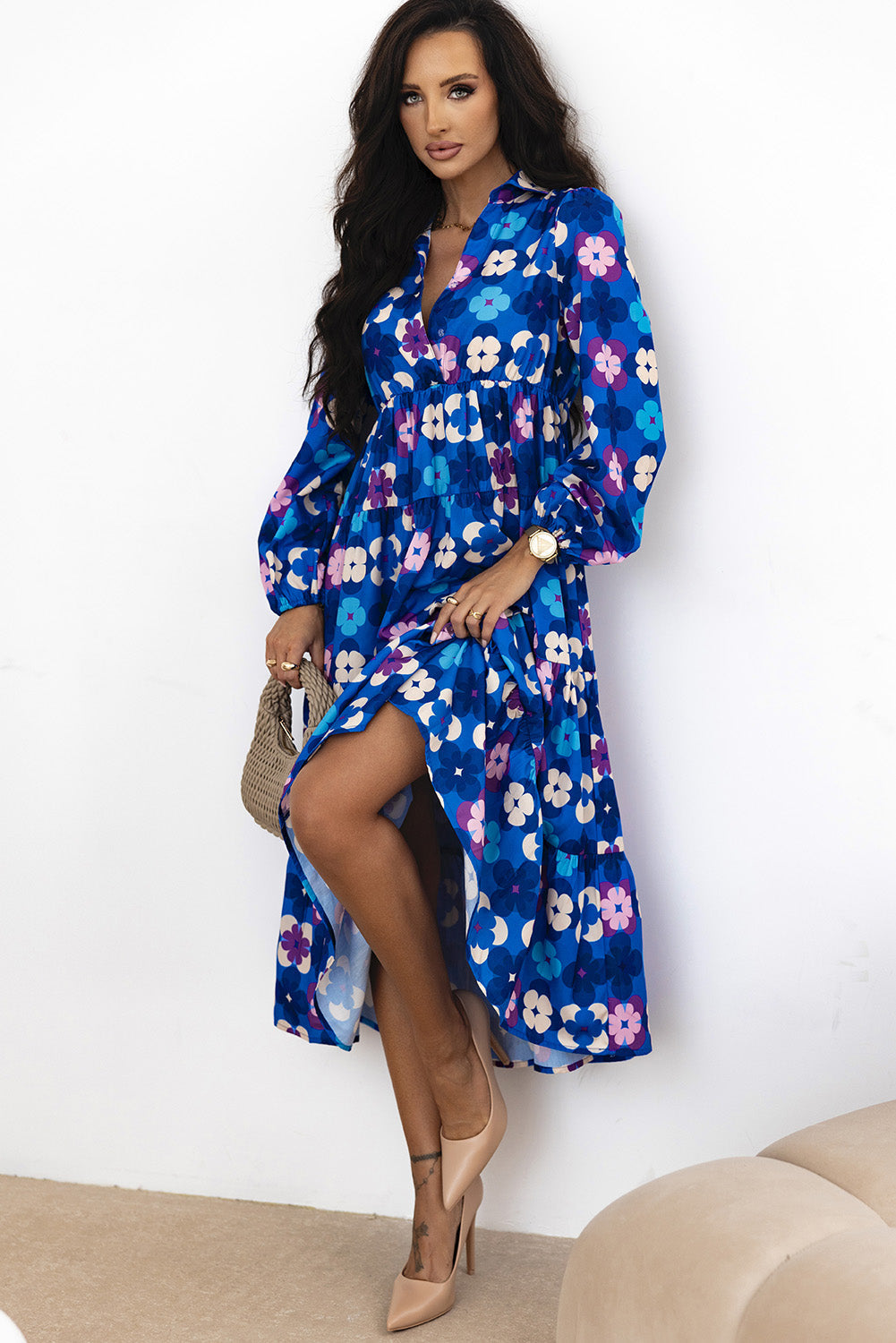 Blue Floral Peasant Sleeve Tiered Ruffle Midi Dress eAura