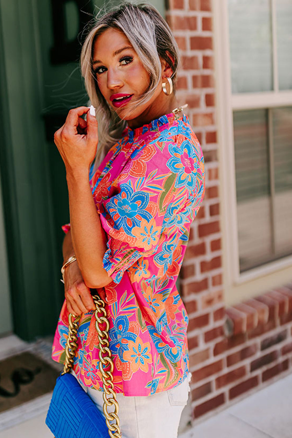 Rose Frilly Mock Neck Short Puff Sleeve Floral Blouse eAura