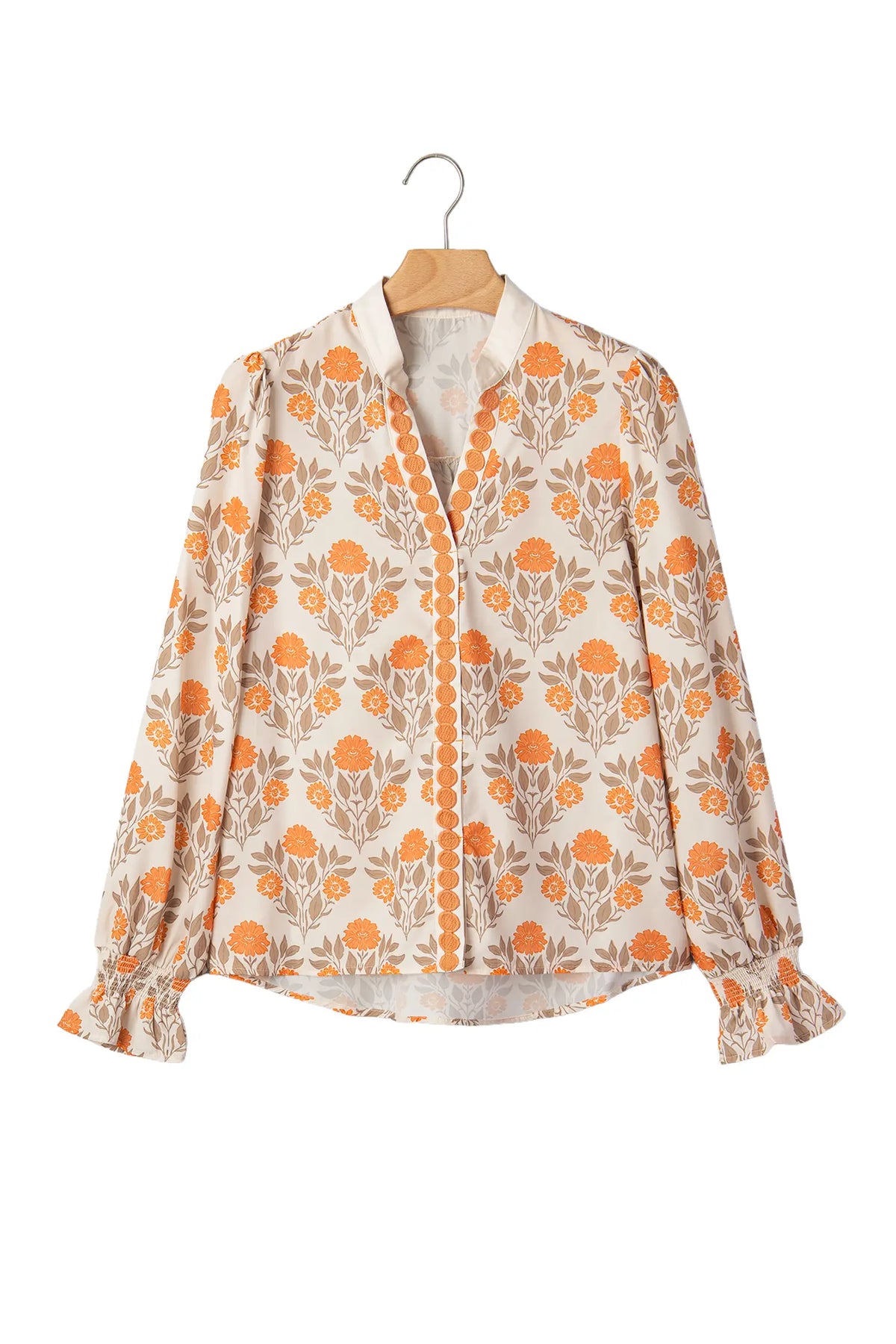 Floral Print Contrast Detail V Neck Long Sleeve Blouse – Orange