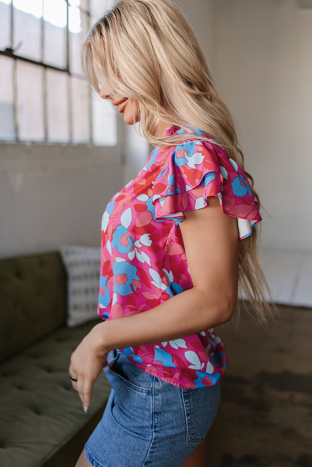 Rose Red Ruffled Sleeve Floral Blouse eAura