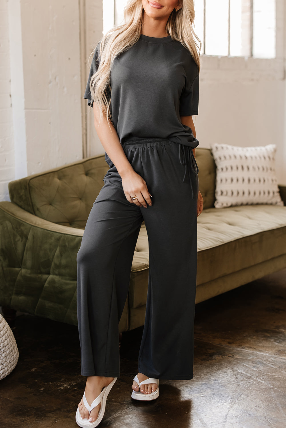 Dark Grey Drawstring Side Crewneck Tee and Loose Trousers Set eAura