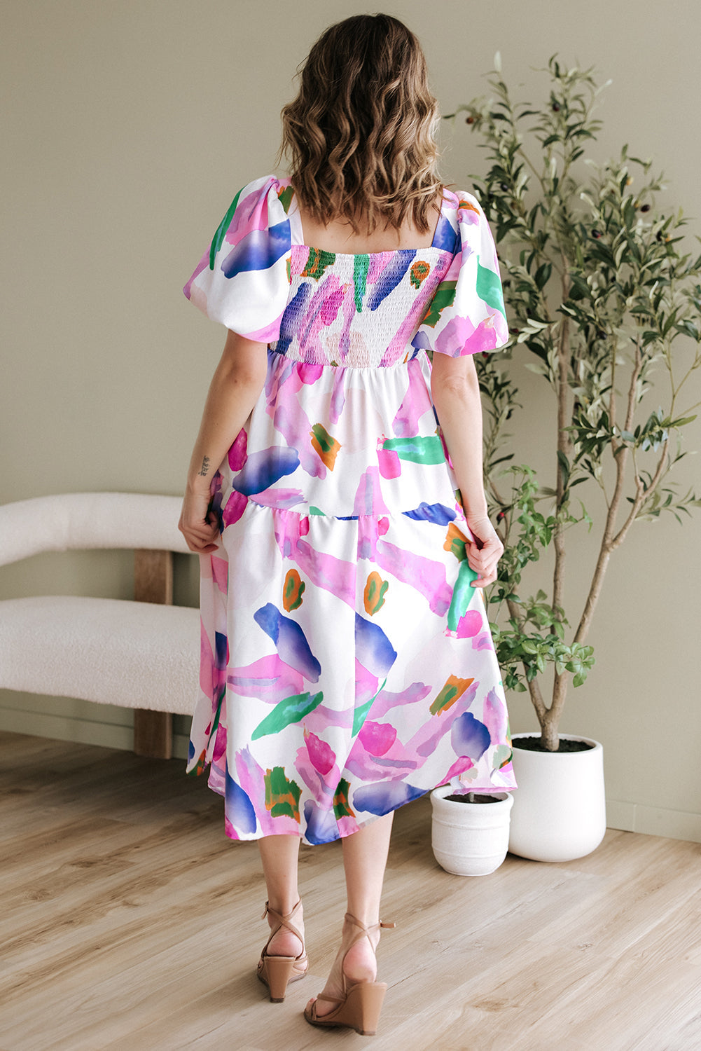 Purple Abstract Print Puff Sleeve Smocked Back Midi Dress BB Fashion Outlet