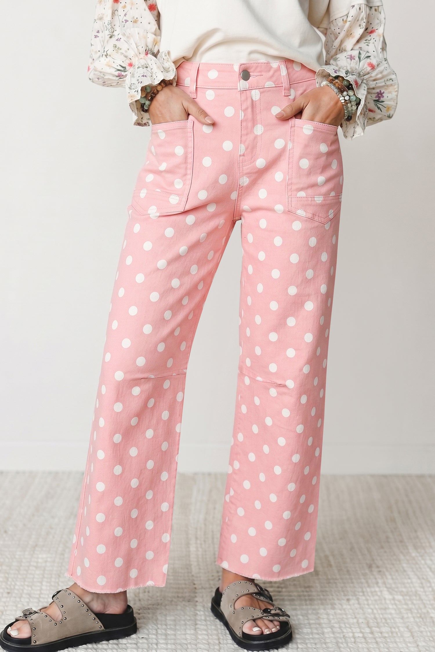 Polka Dot Casual Slim Fit Jeans – Pink