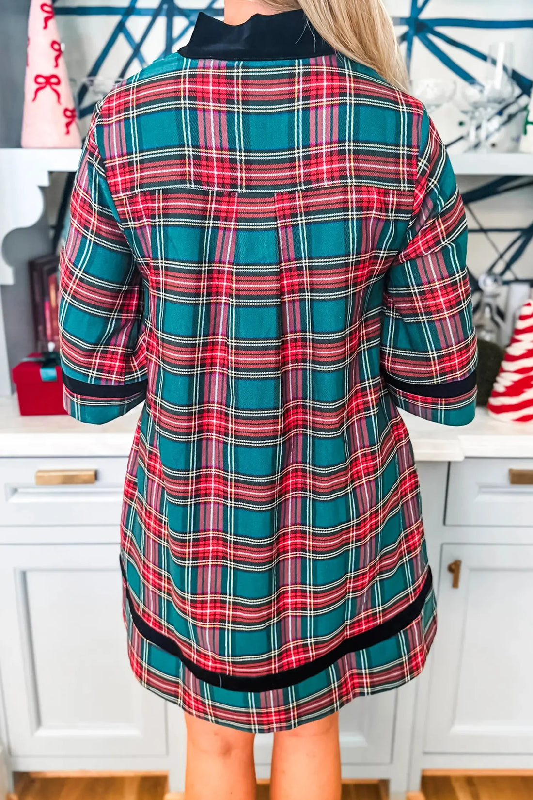 Plaid Velvet Trim Pockets Short Shift Dress