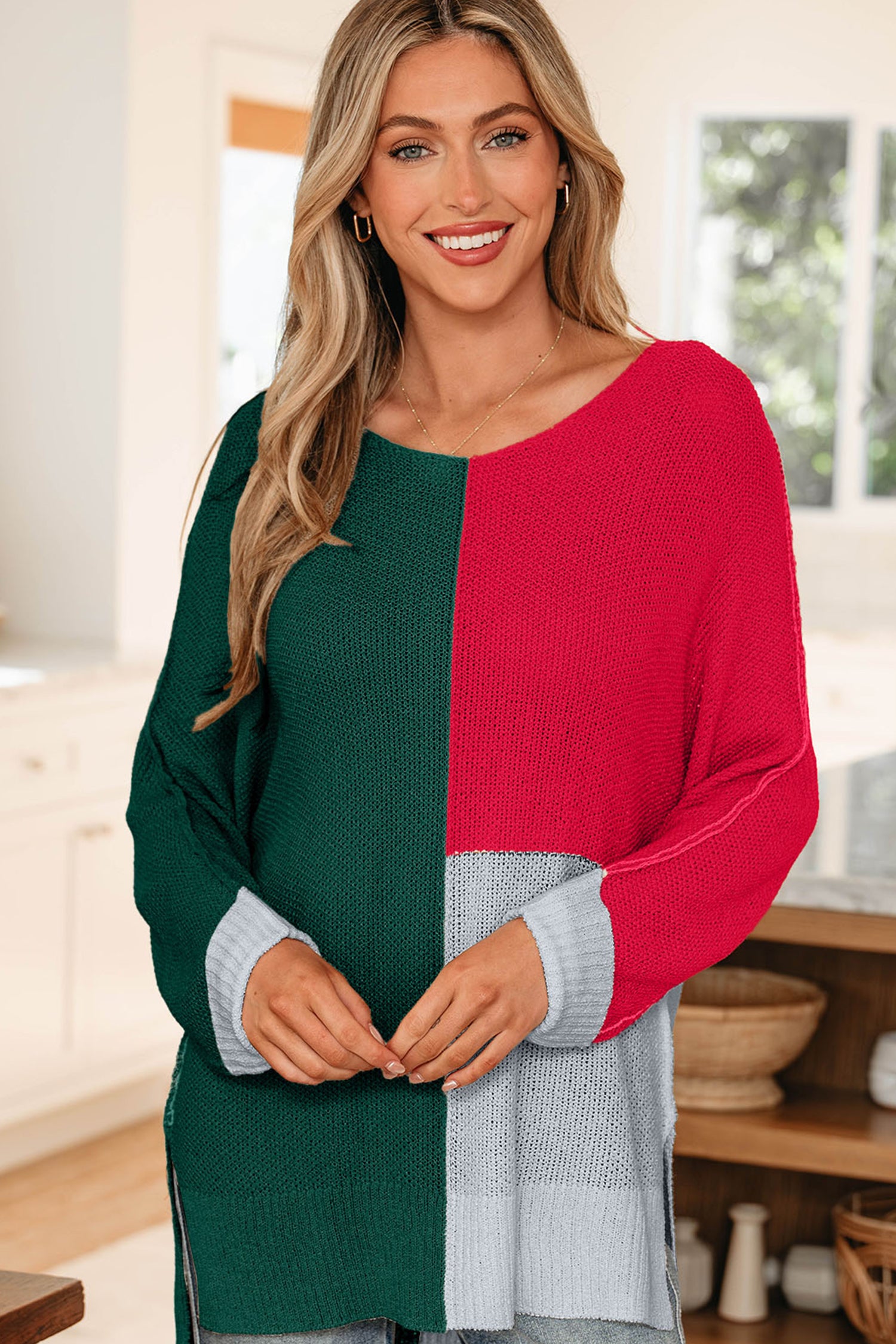 Colour Block Knit V-Neck Sweater - Sweaters & Cardigans/Sweaters