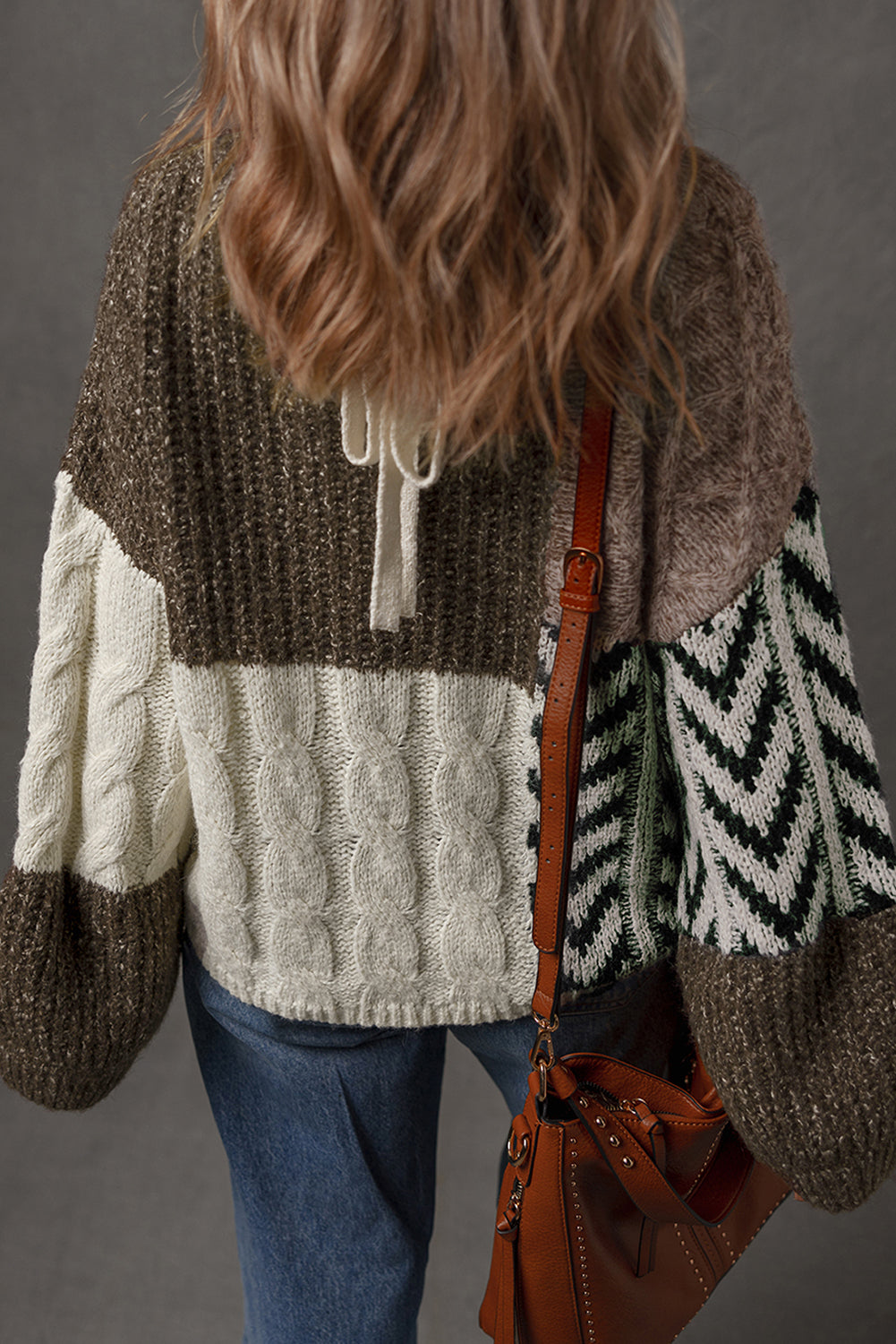 Brown Plus Size Color Block Patchwork Knotted Back Loose Fit Sweater Dear-Lover Dropshipping