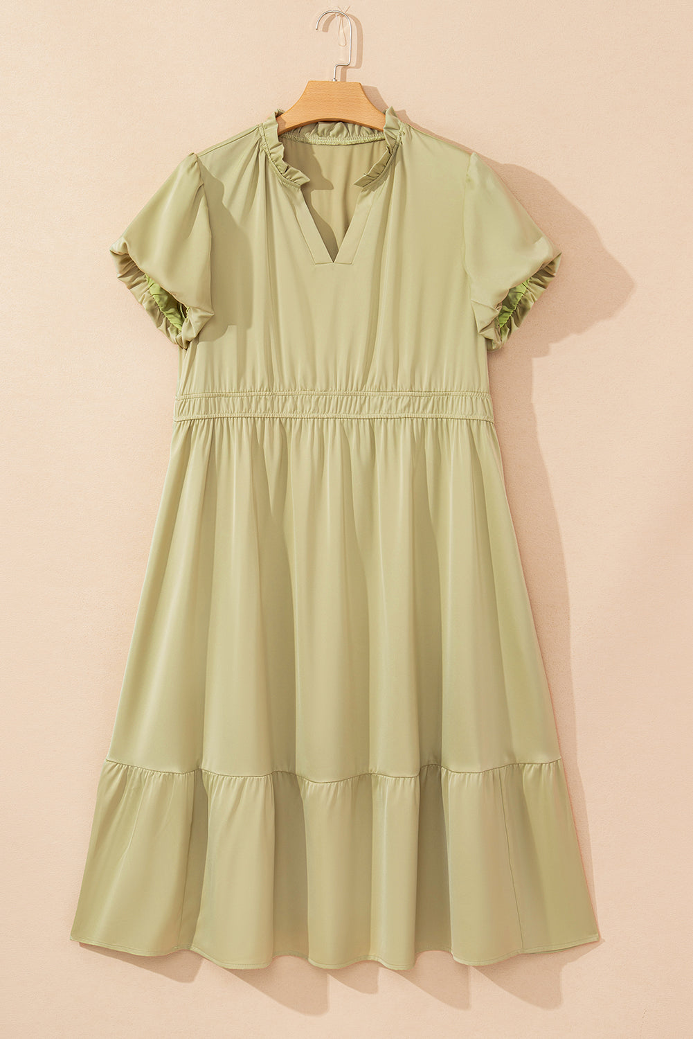 Laurel Green Notched V Neck Puff Sleeve Tiered Plus Size Maxi Dress BB Fashion Outlet