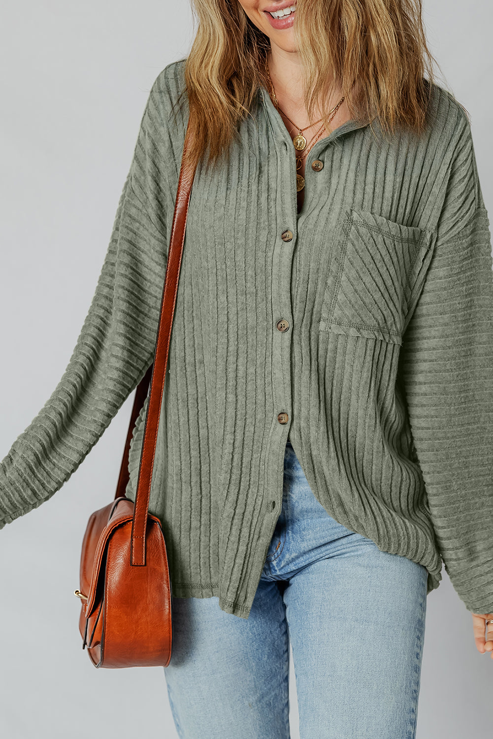 Green Thermal Ribbed Texture Drop Shoulder Button Up Shacket - eAura