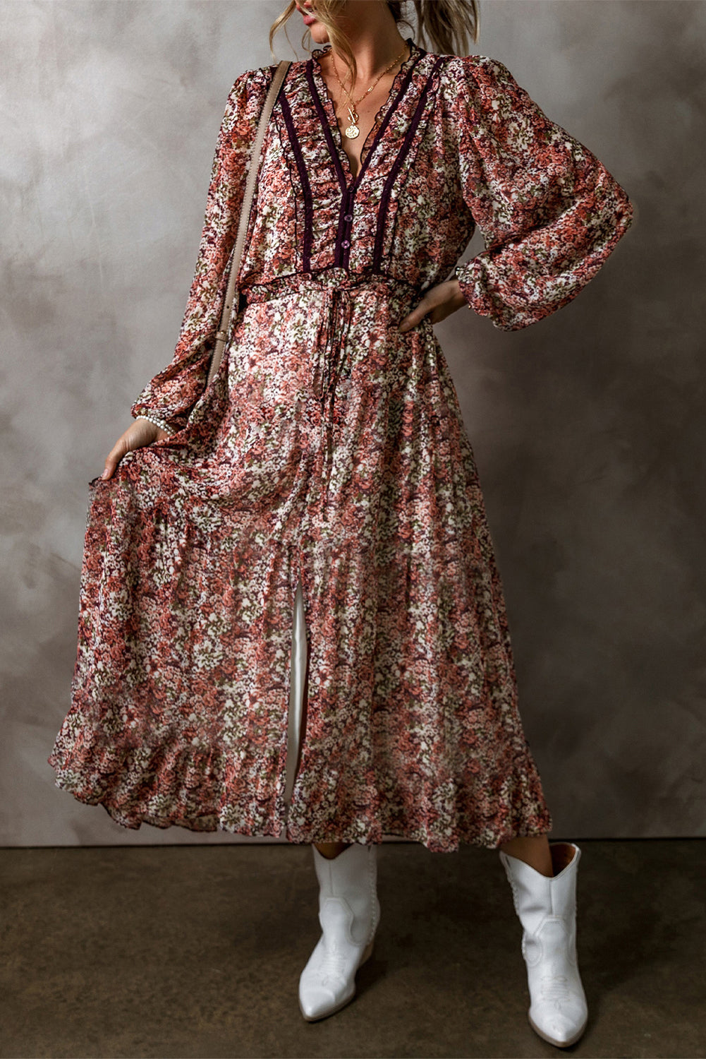 Brown Floral Print Split Front Tiered Frilled V Neck Midi Dress eAura