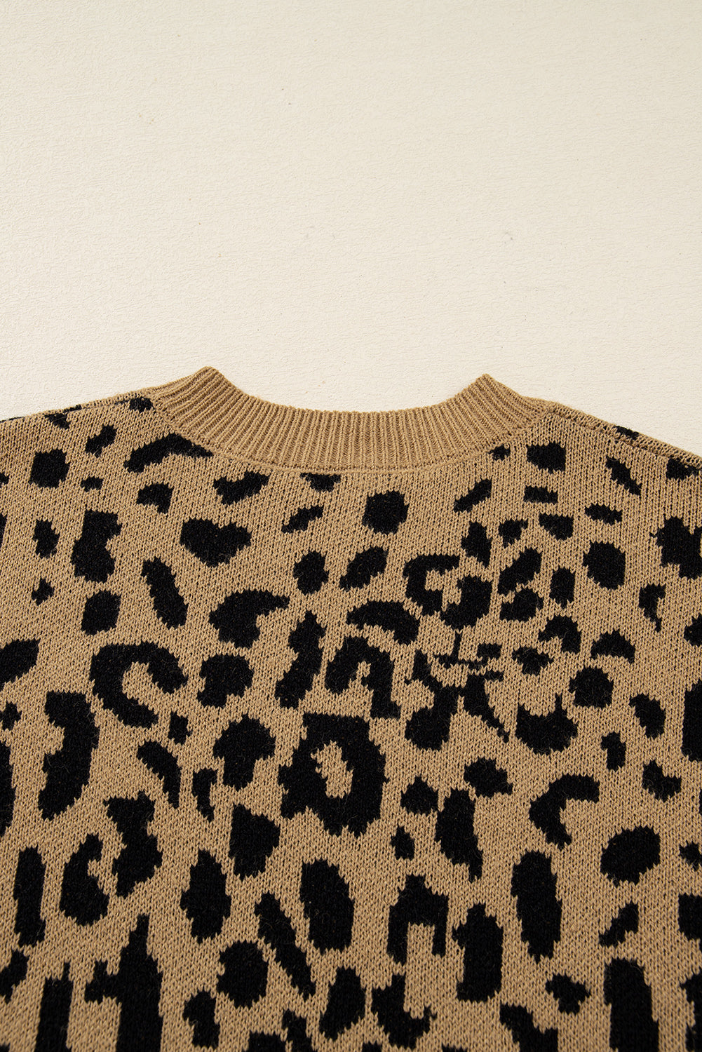 Beige Ribbed Trim Round Neck Leopard Drop Shoulder Sweater - eAura