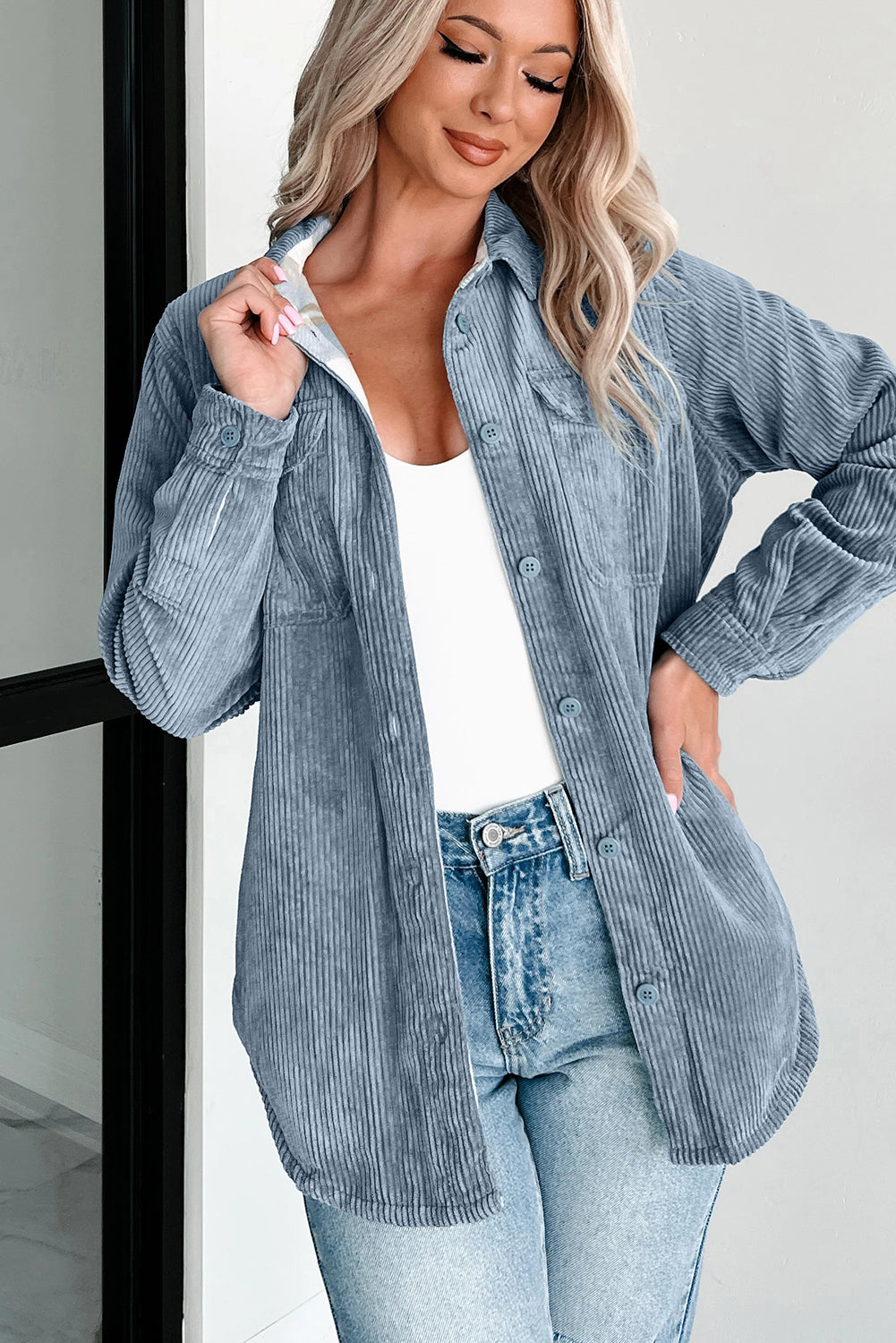 Soft Corduroy Reversible Button Up Shacket - eAura